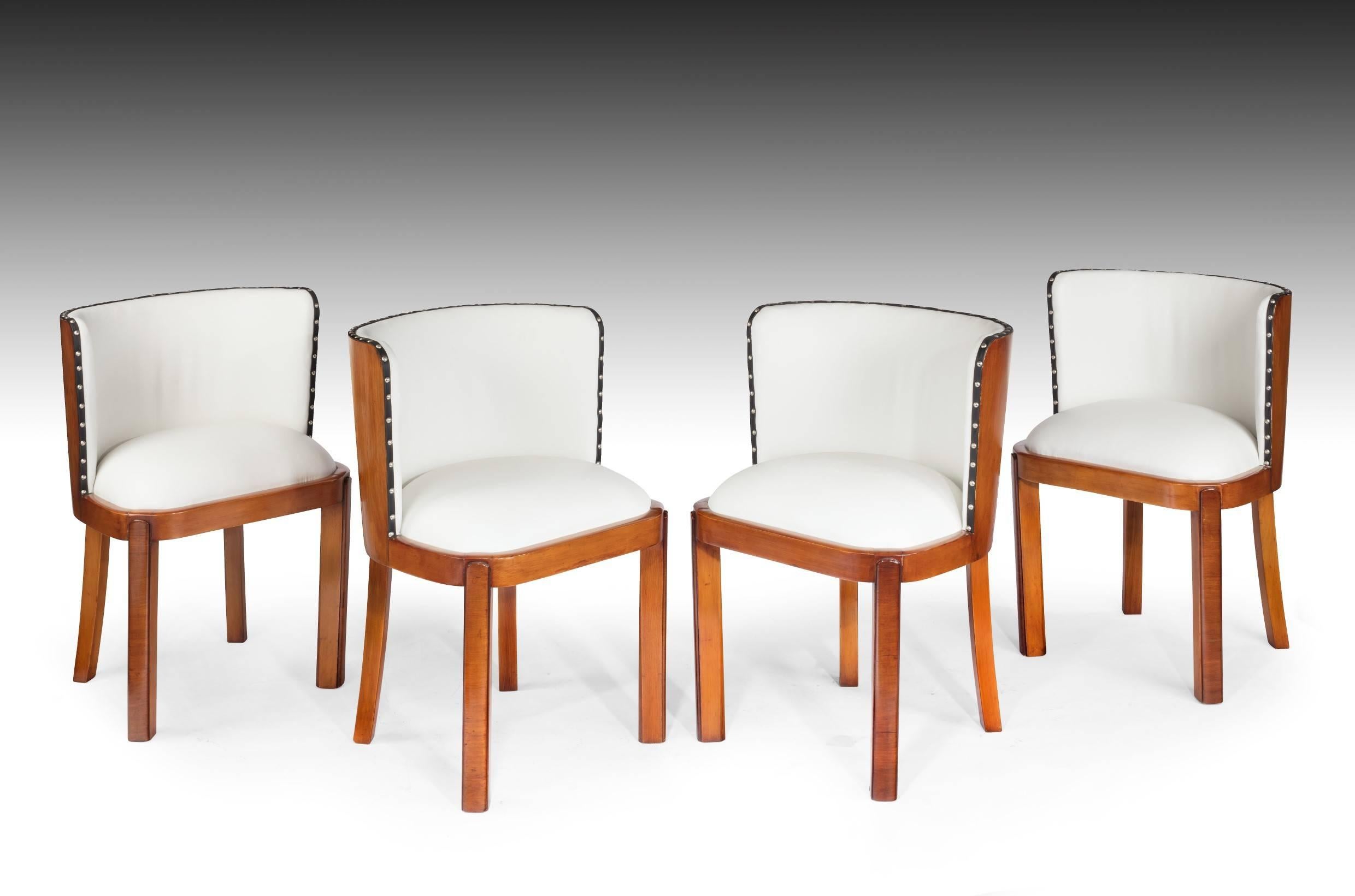 Set of Four Walnut and Leather Art Deco Chairs 1