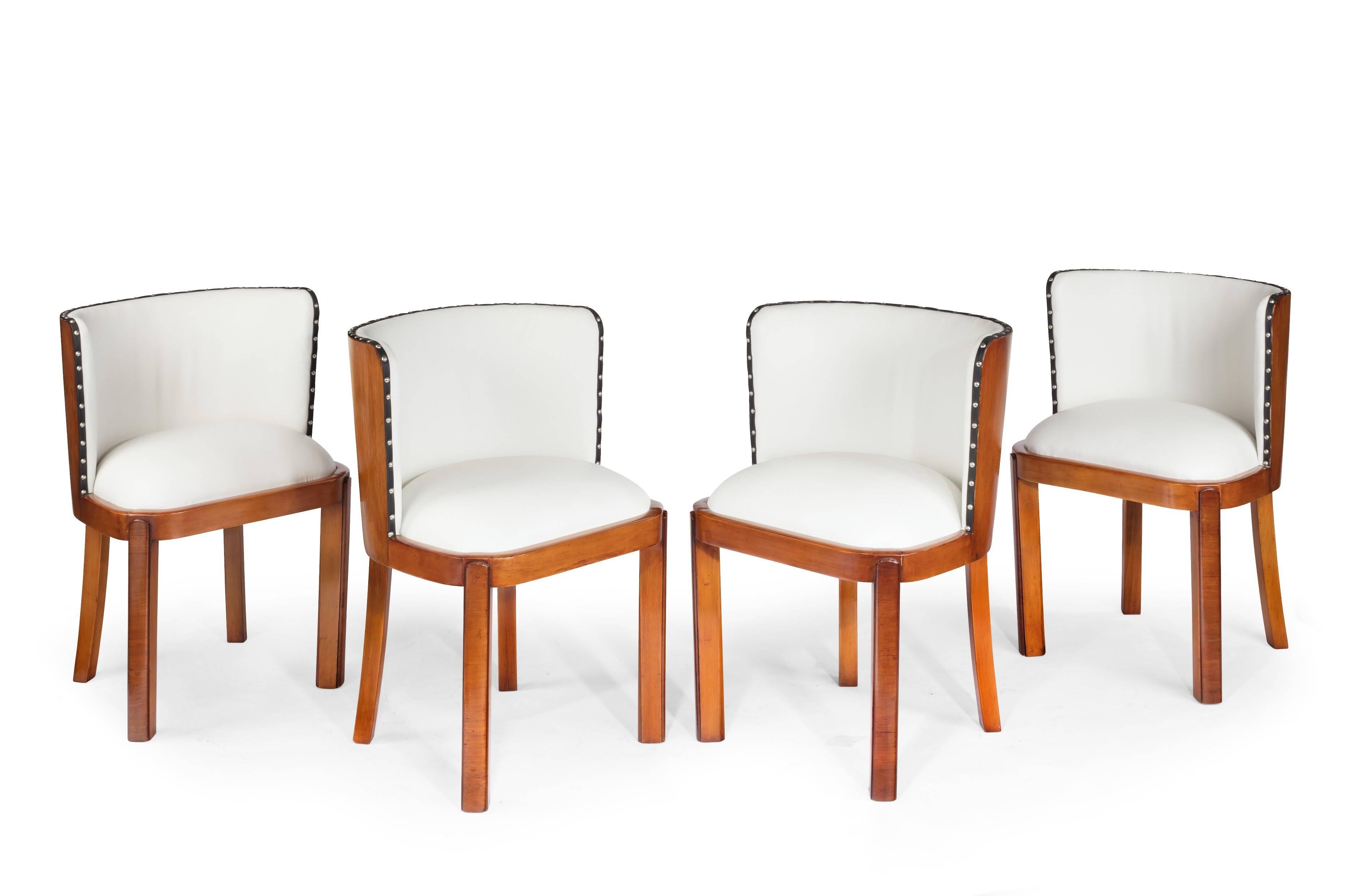 British Set of Four Walnut and Leather Art Deco Chairs
