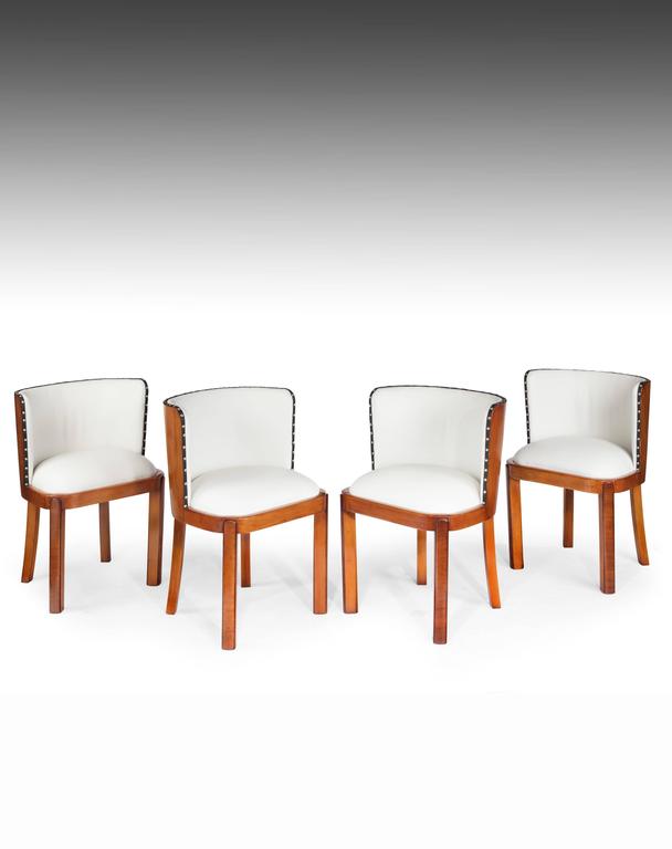 Set Of Four Walnut And Leather Art Deco Chairs