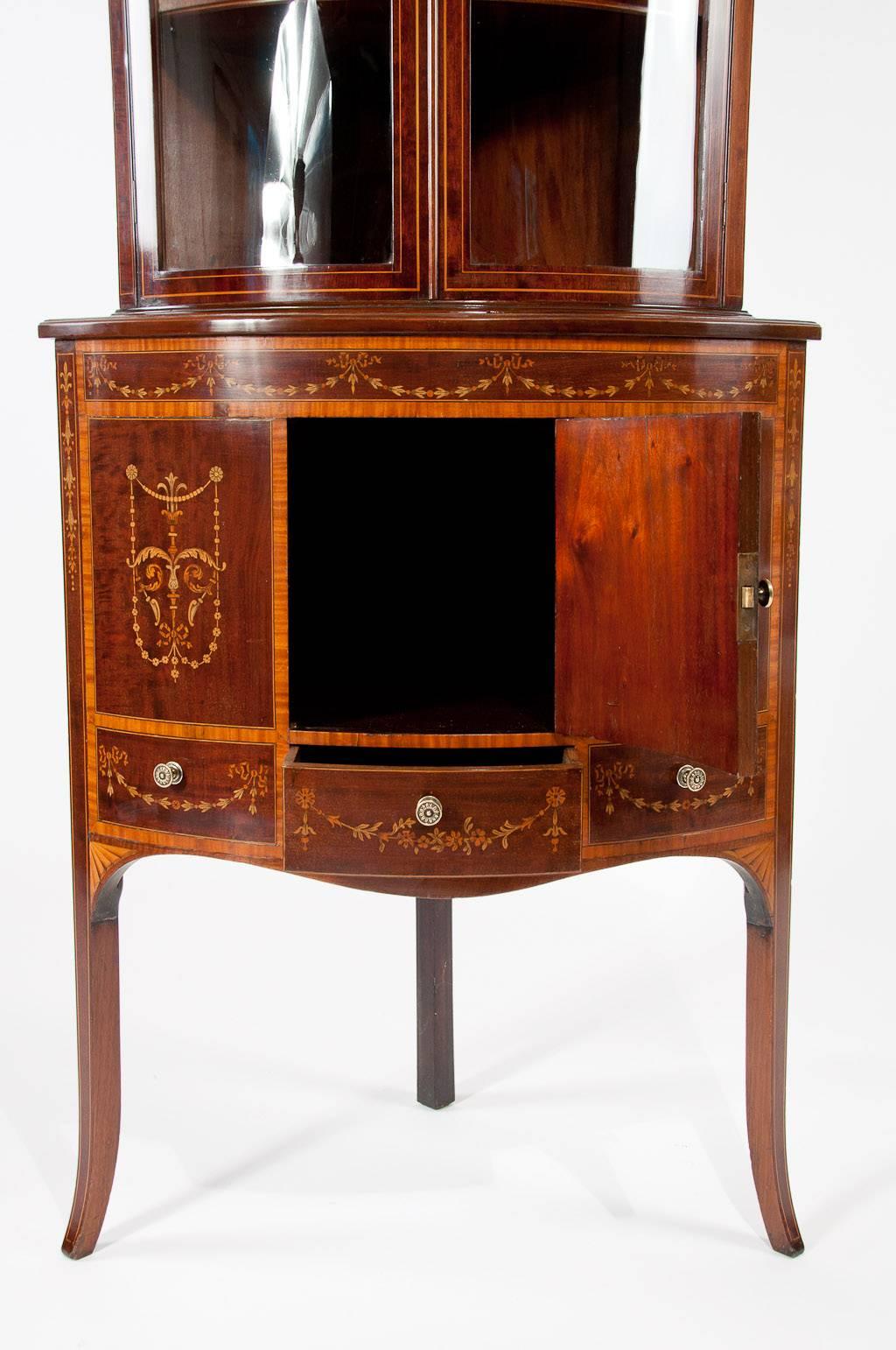 Late 19th Century Antique Bowfront Inlaid Corner Cabinet