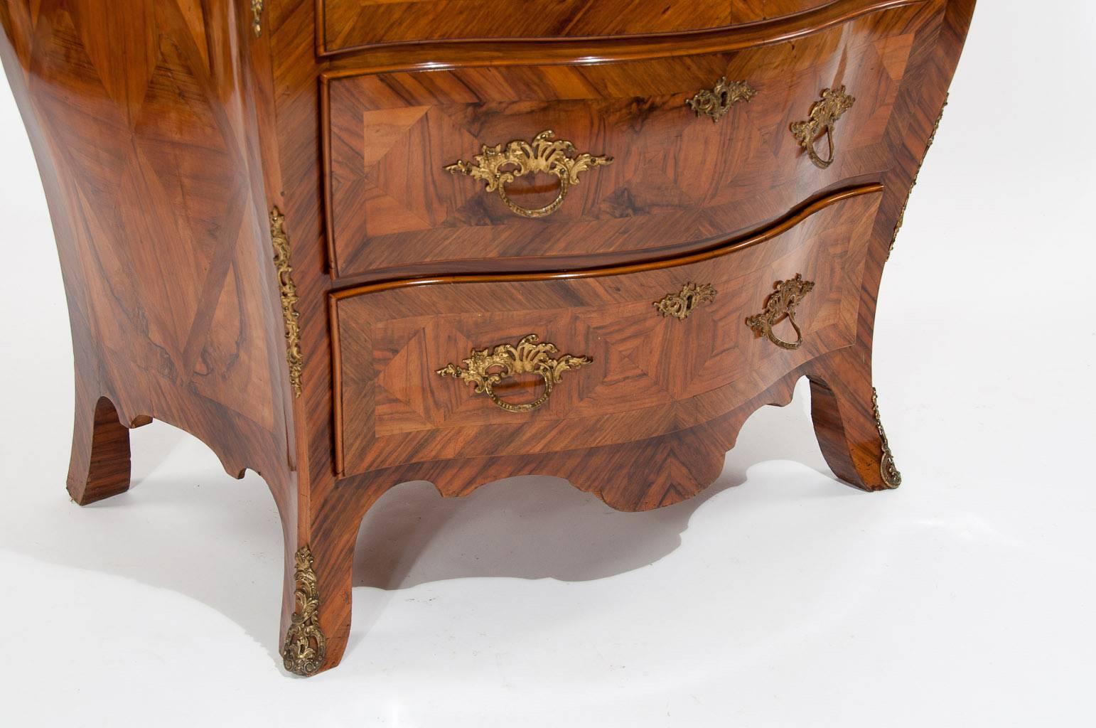 Parquetry Antique 19th C Swedish Bombe Walnut Chest of Drawers 