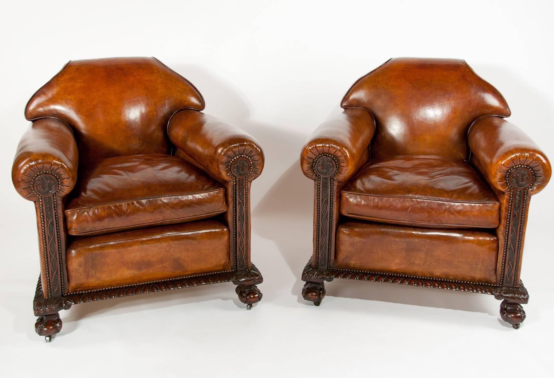 Chippendale Magnificent Victorian Leather Sofa and Chairs Three-Piece Suite