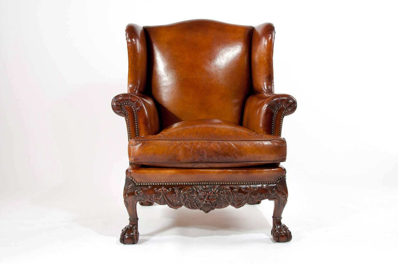 Hand-Carved Superb Quality 19th Century Leather Wing Armchair