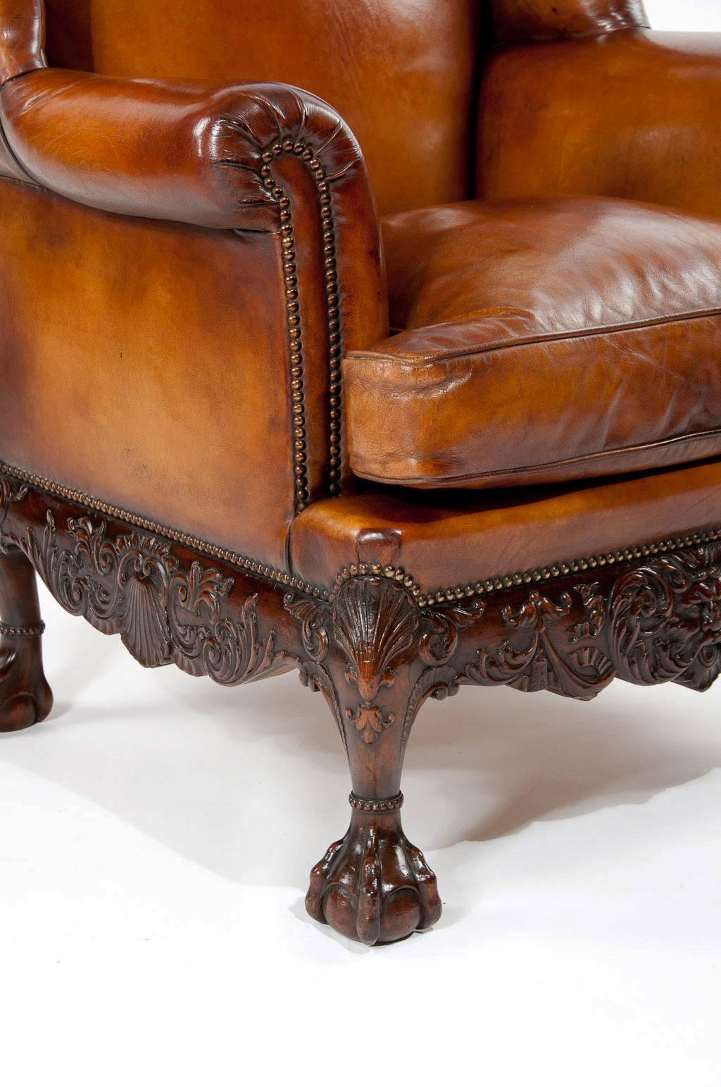 George II Superb Quality 19th Century Leather Wing Armchair