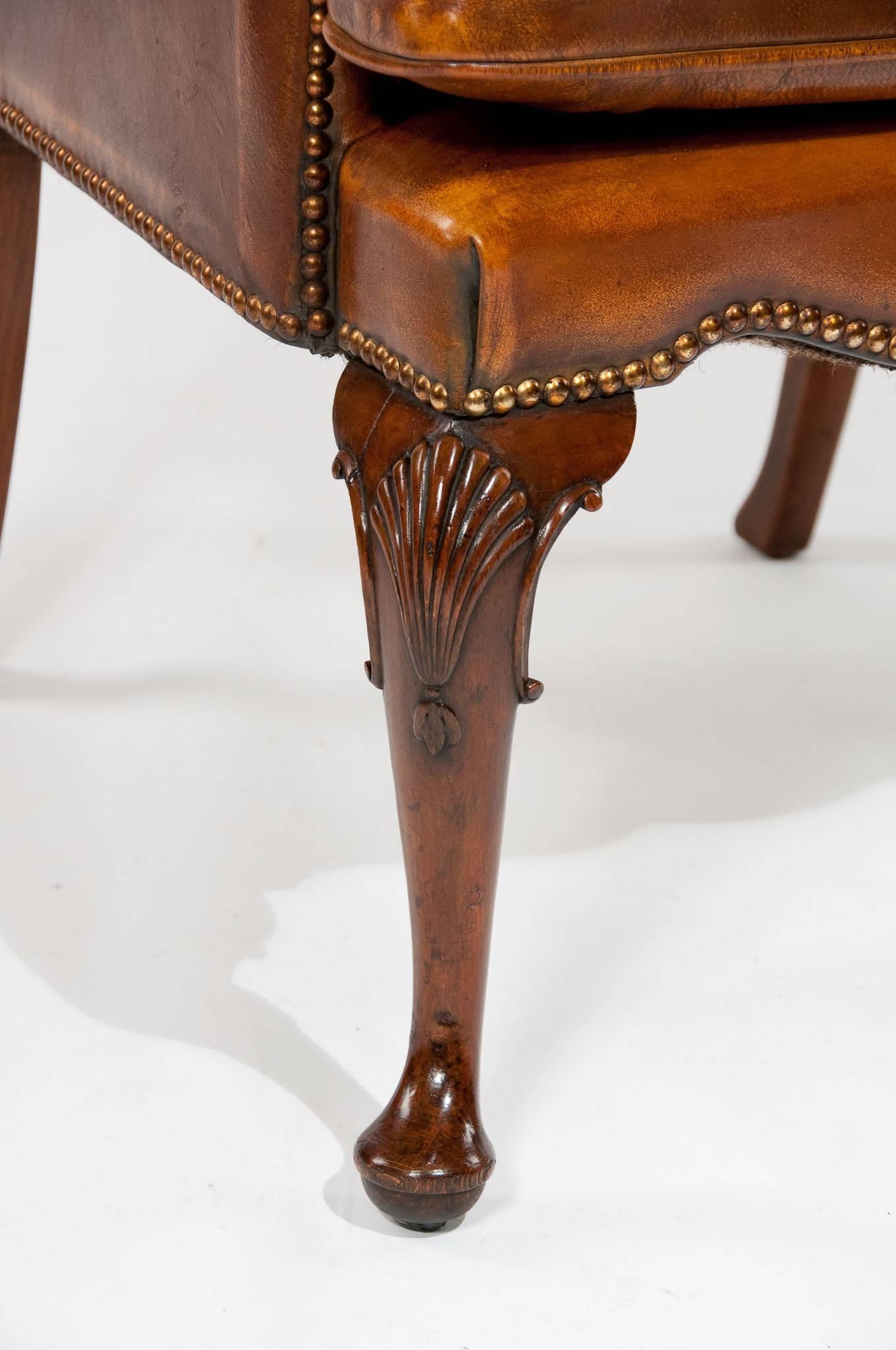19th Century Quality Antique Leather Walnut Armchair