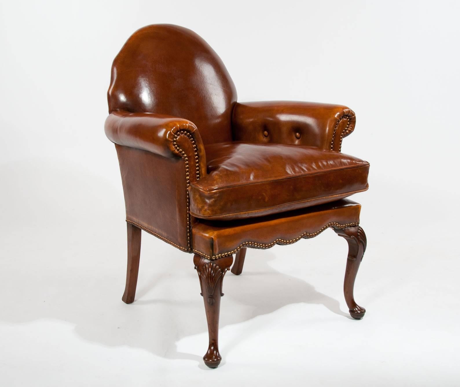 English Quality Antique Leather Walnut Armchair
