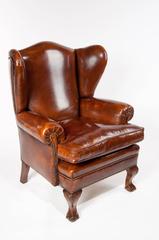 Pair of Walnut Leather Wing Chairs, 19th Century