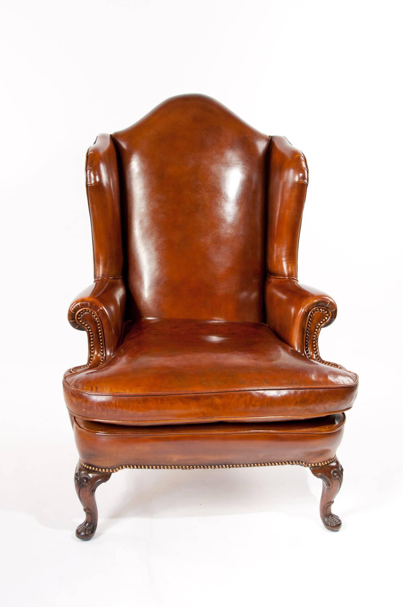 Superb Antique Walnut Leather Wingback Armchair, Mid-19th Century 1
