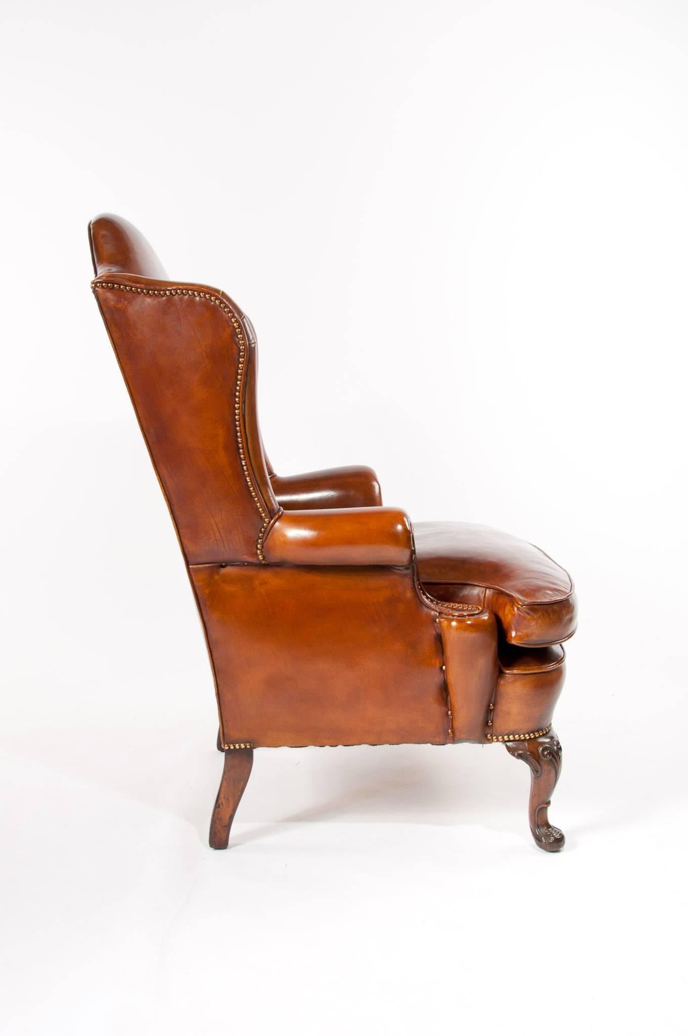 Superb Antique Walnut Leather Wingback Armchair, Mid-19th Century 2