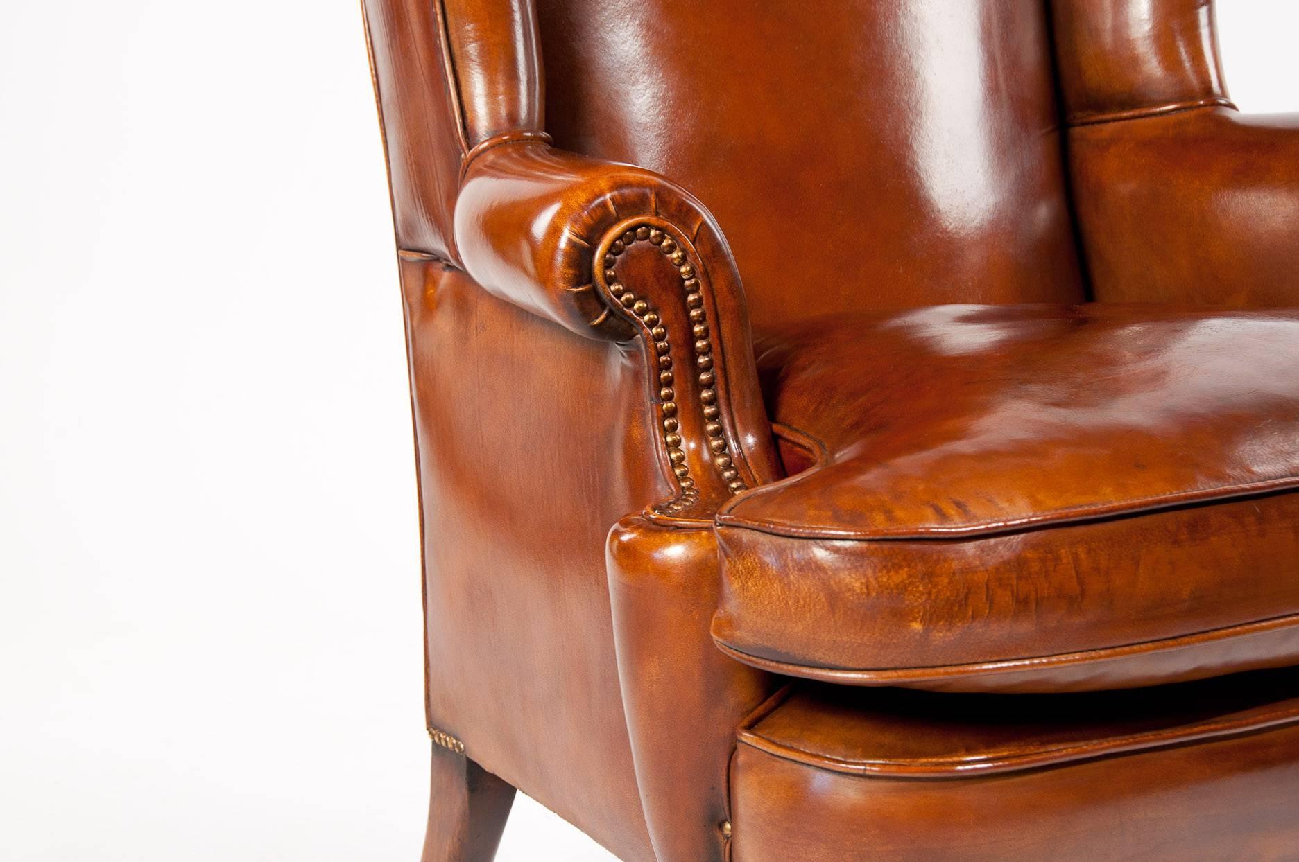 English Superb Antique Walnut Leather Wingback Armchair, Mid-19th Century