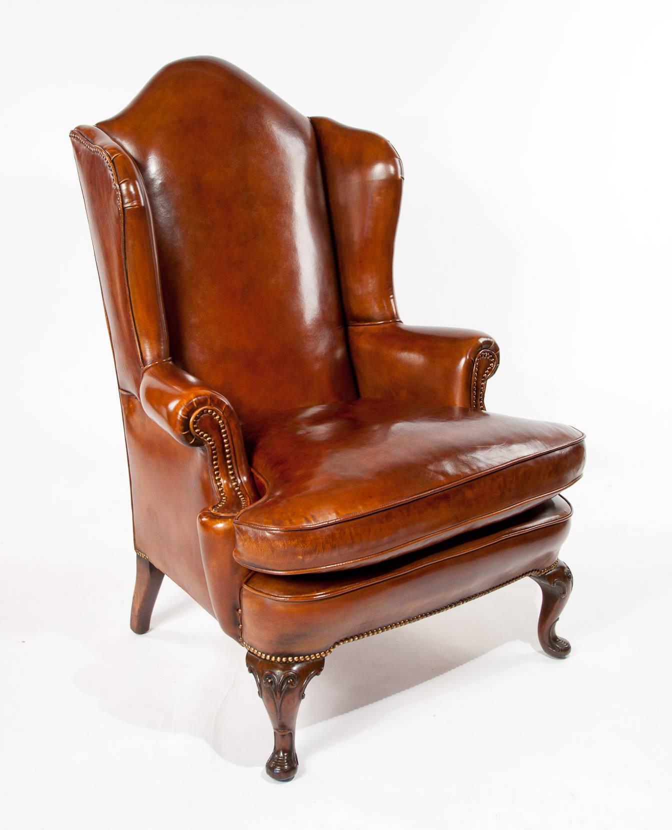 Superb Antique Walnut Leather Wingback Armchair, Mid-19th Century 4