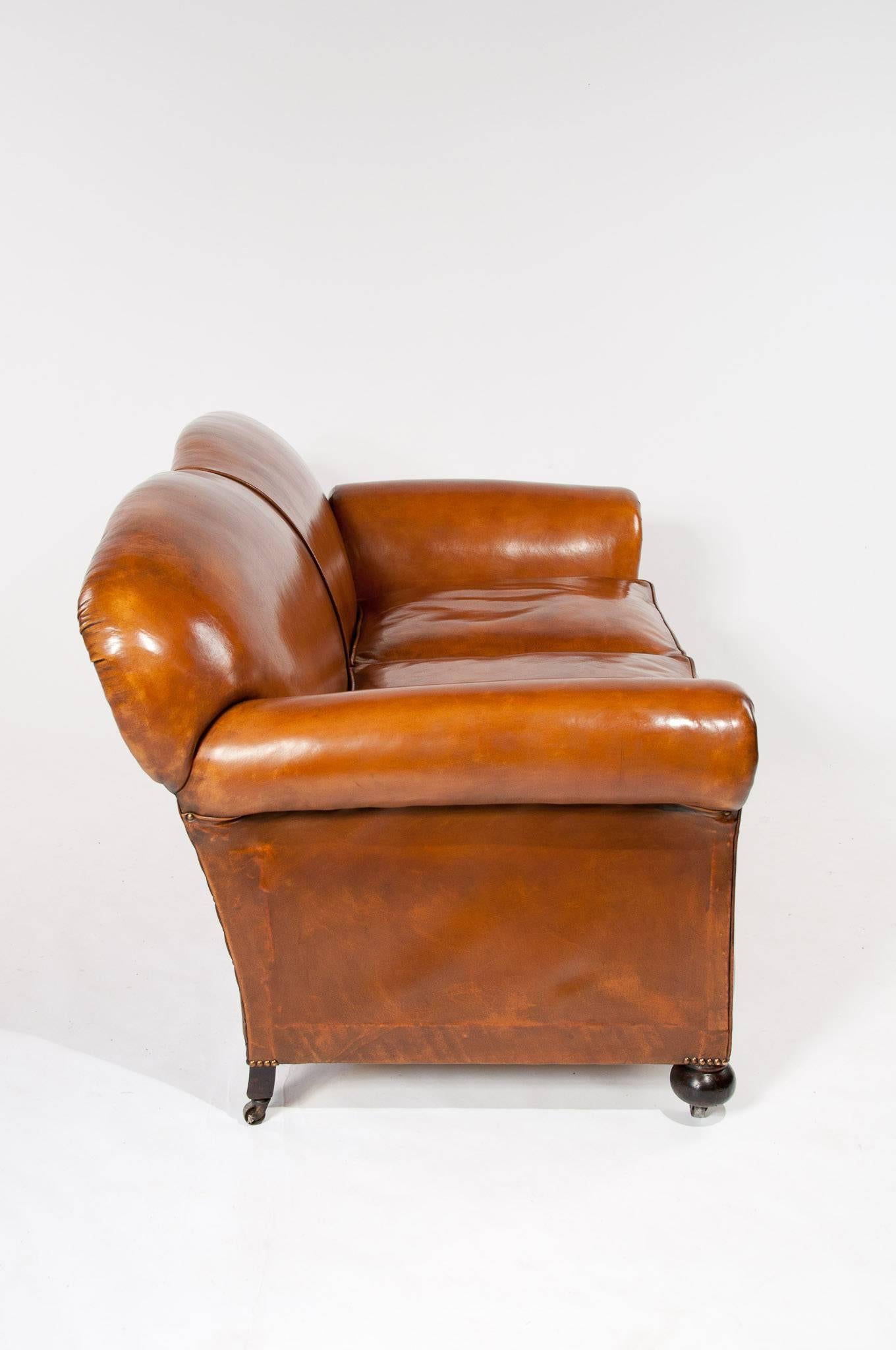 Quality Edwardian Drop Arm Tan Leather Sofa 2