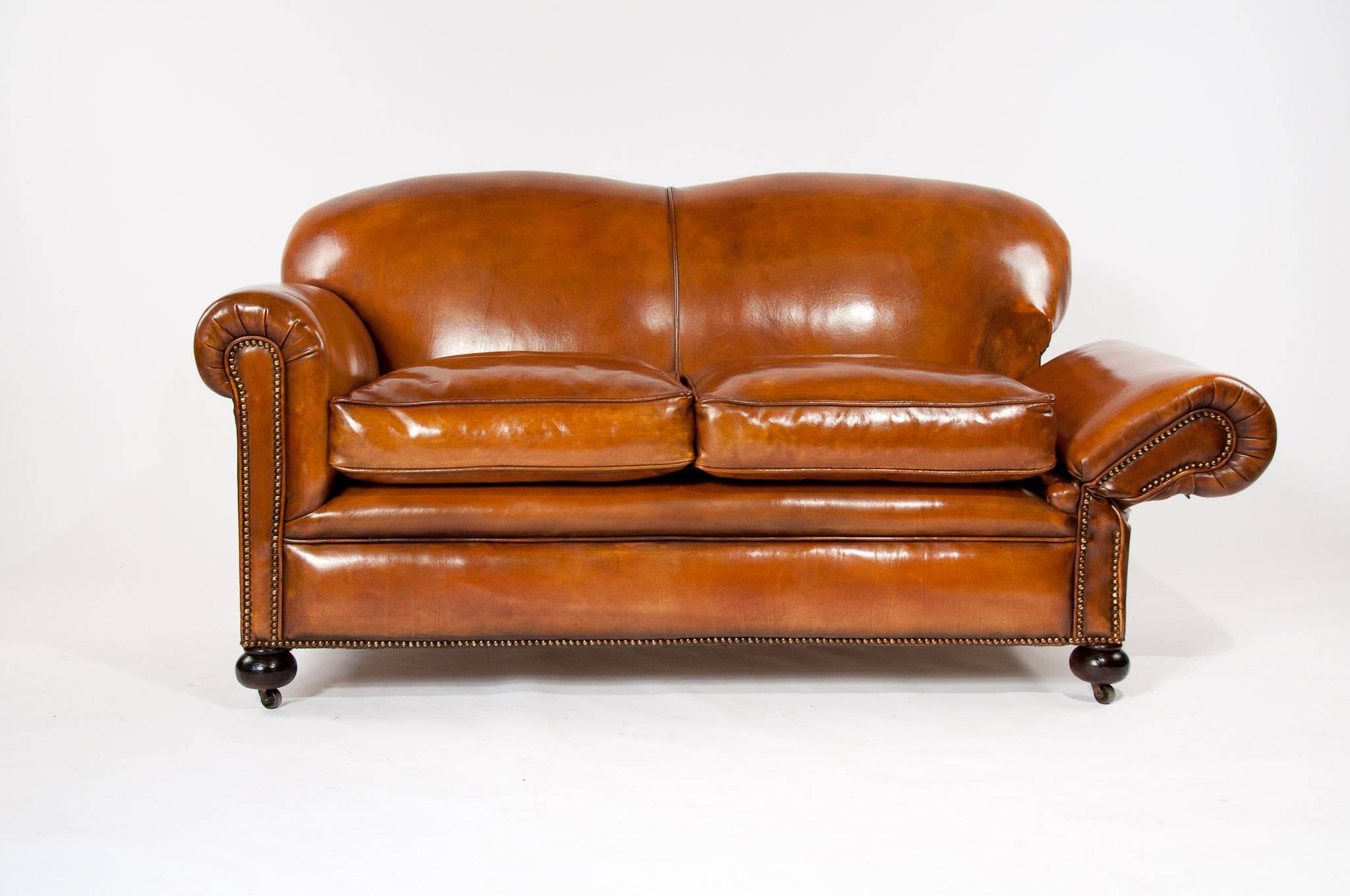 English Quality Edwardian Drop Arm Tan Leather Sofa