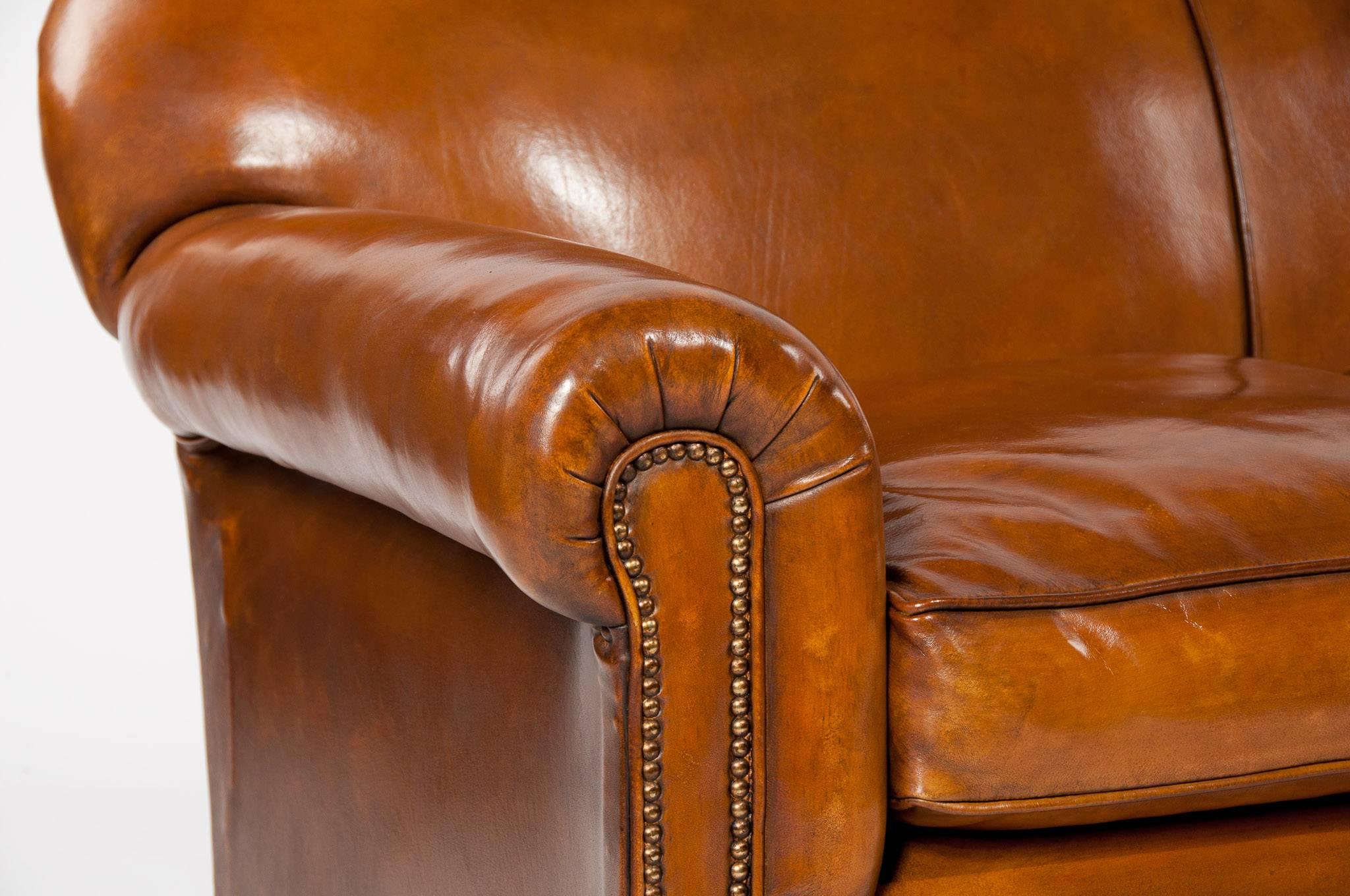 Early 20th Century Quality Edwardian Drop Arm Tan Leather Sofa