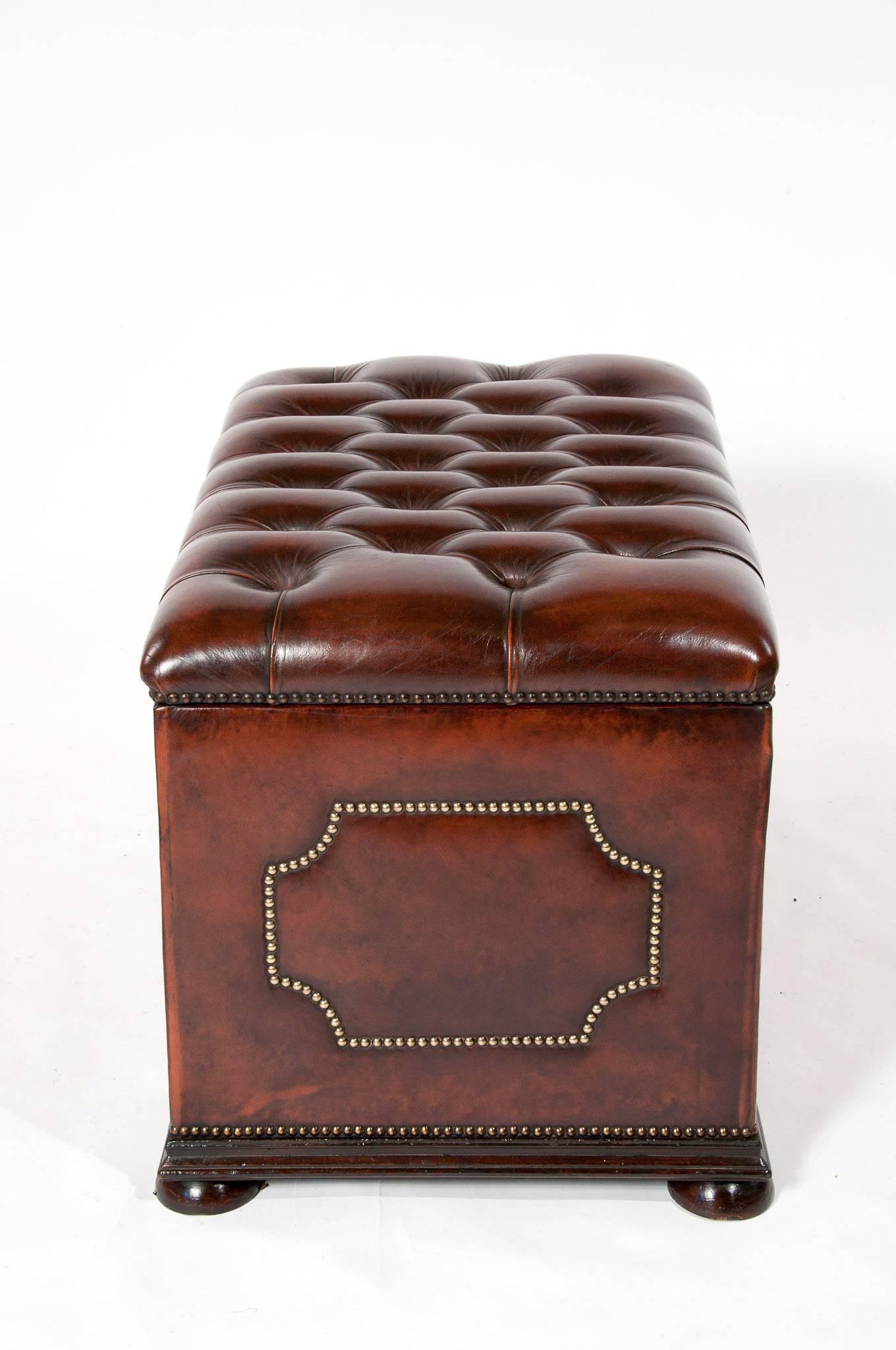 English Antique Leather Upholstered Ottoman