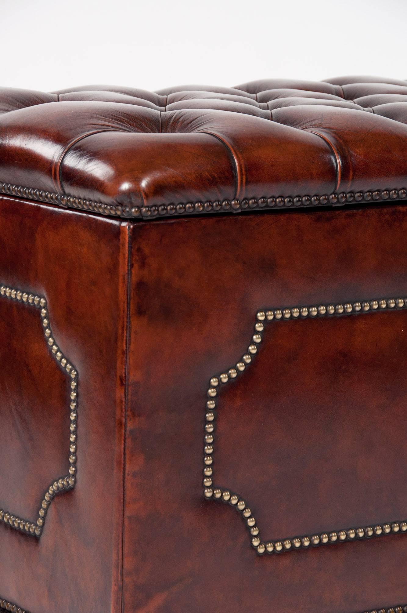 Antique Leather Upholstered Ottoman In Excellent Condition In Benington, Herts
