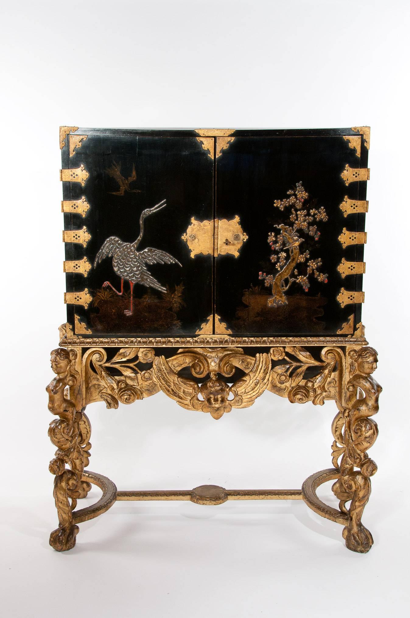 Giltwood Magnificent 17th Century Japanned Collectors Cabinet on Stand
