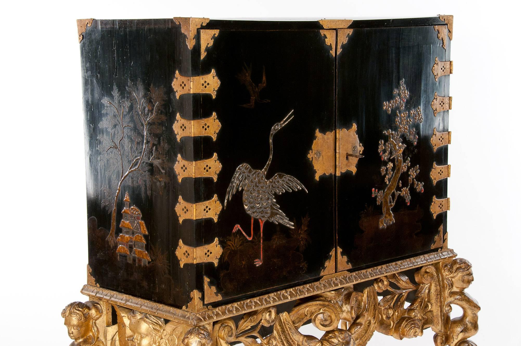 English Magnificent 17th Century Japanned Collectors Cabinet on Stand