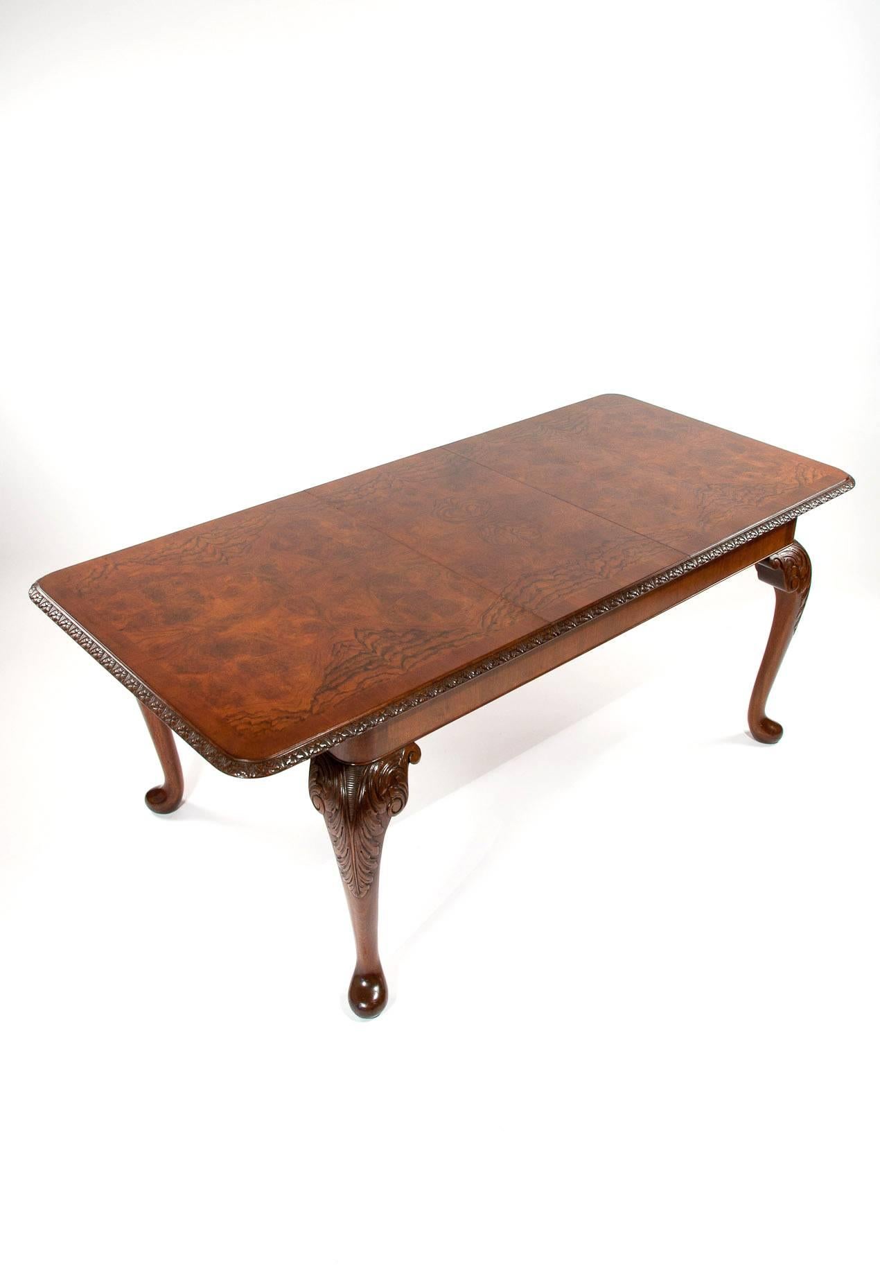Queen Anne Quality Burr Walnut Extending Dining Table