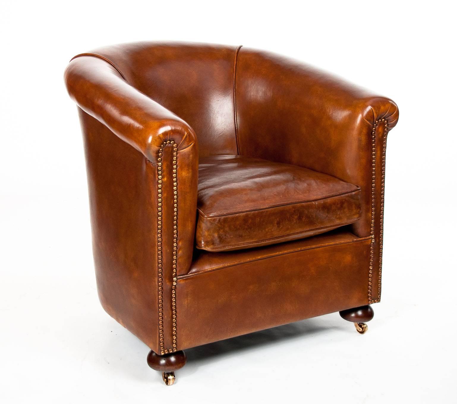 English Antique Leather Tub Armchair 