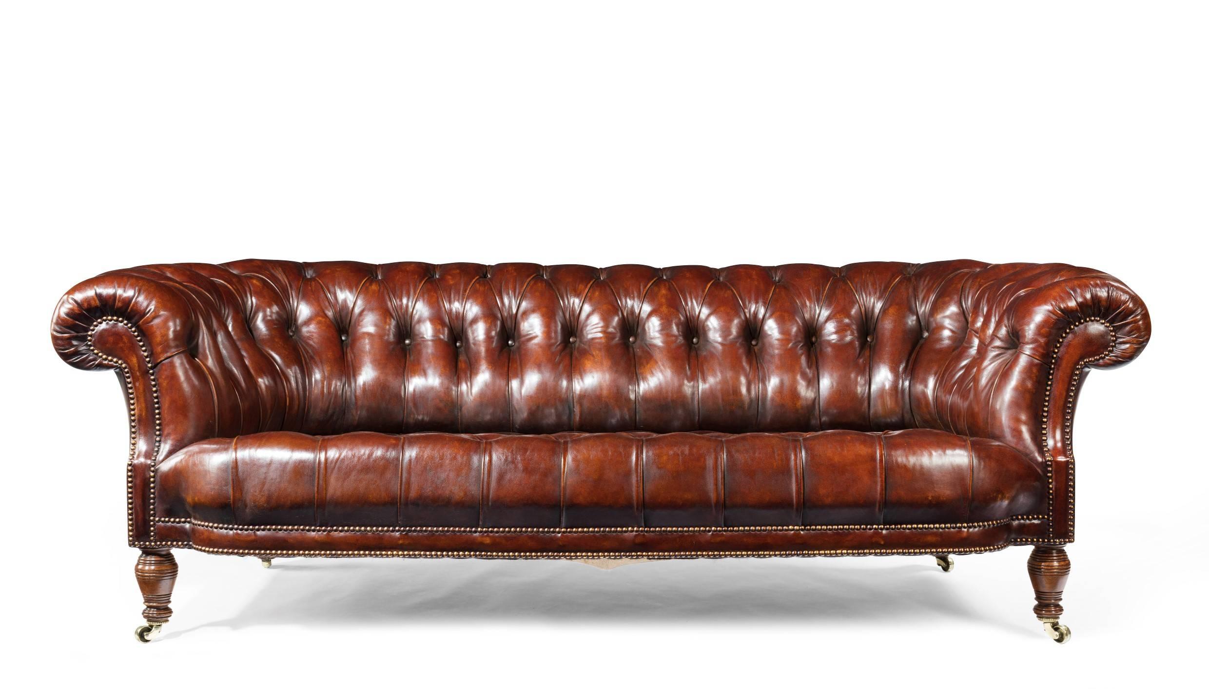 Victorian 19th Century Walnut Holland and Sons Leather Chesterfield