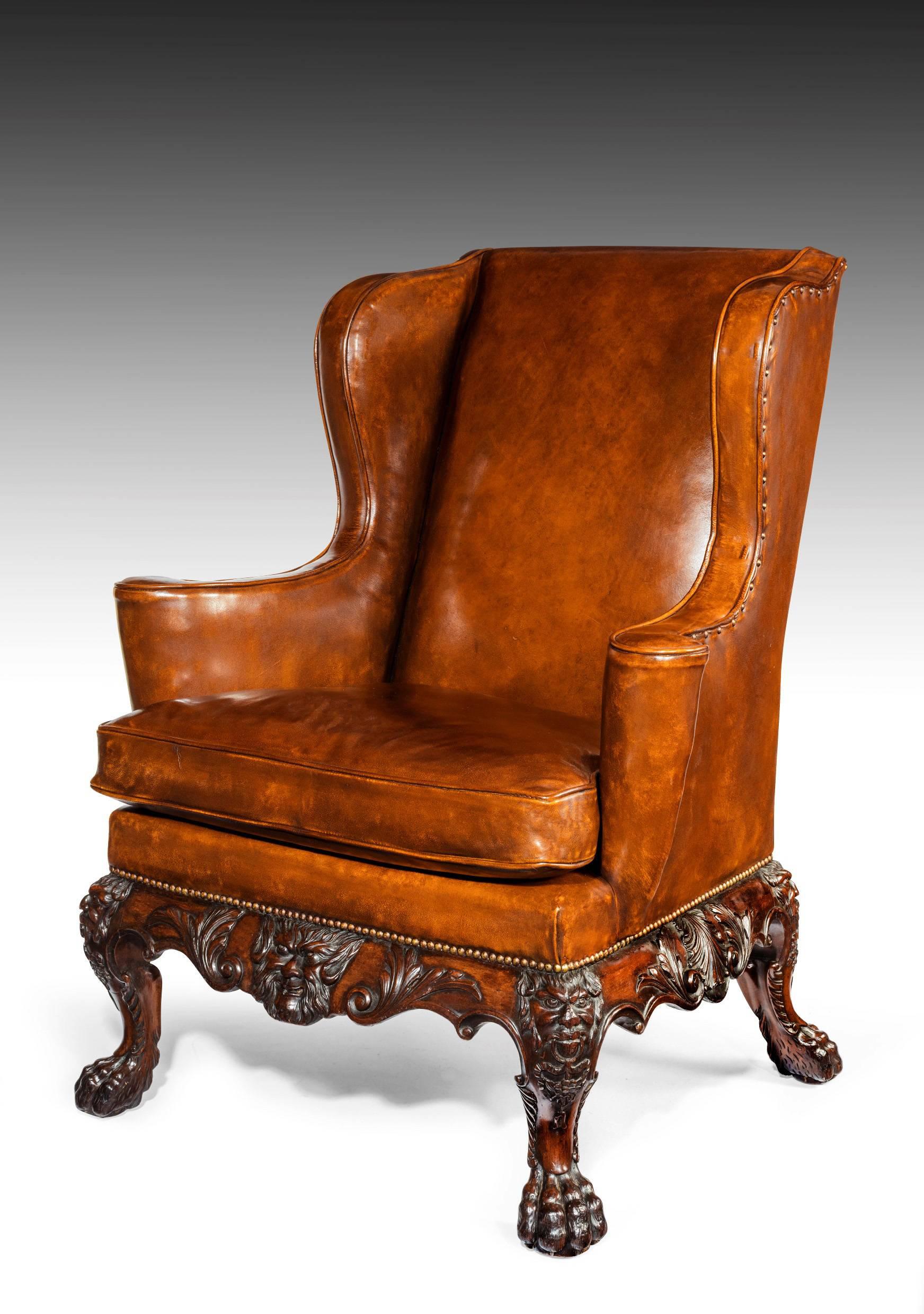 Handsome Late Victorian Leather Carved Wing Chair In Excellent Condition In Benington, Herts