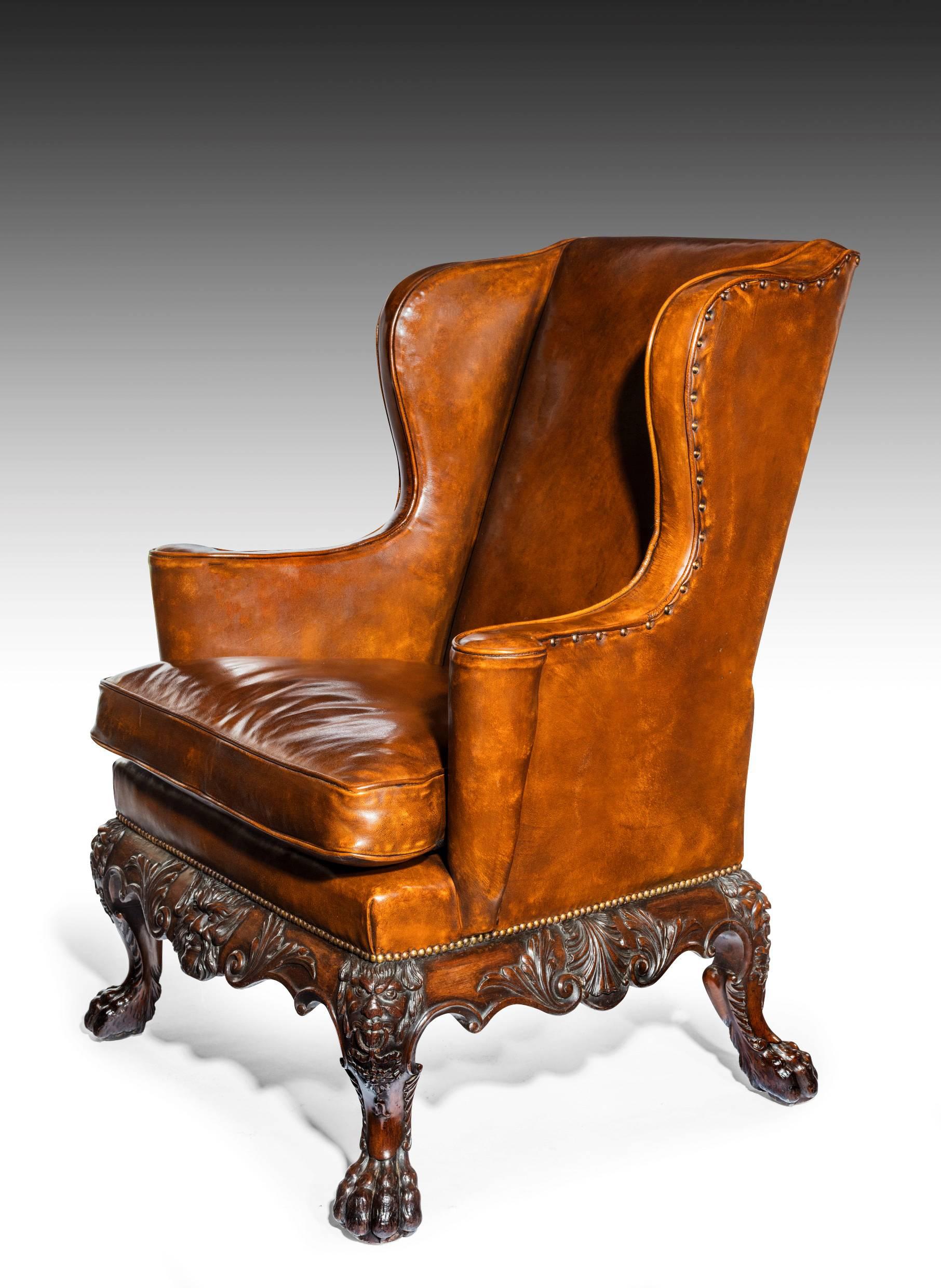 Handsome Late Victorian Leather Carved Wing Chair 1