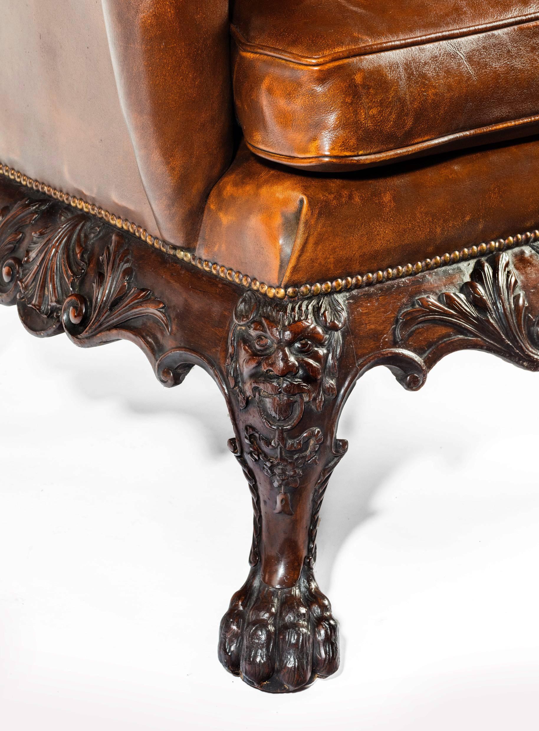 Georgian Handsome Late Victorian Leather Carved Wing Chair