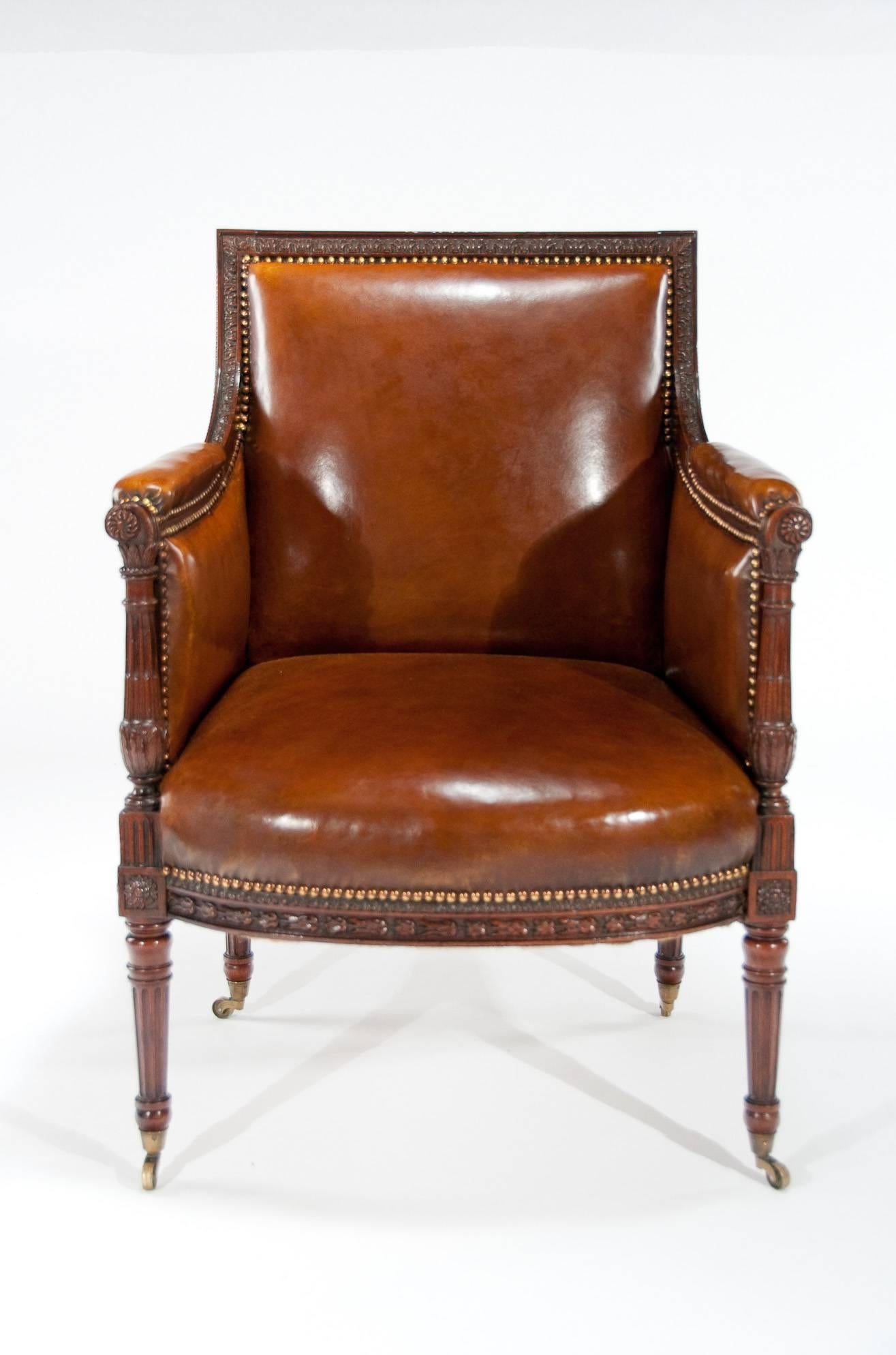 Fine Quality Antique Carved Mahogany Leather Armchair 1