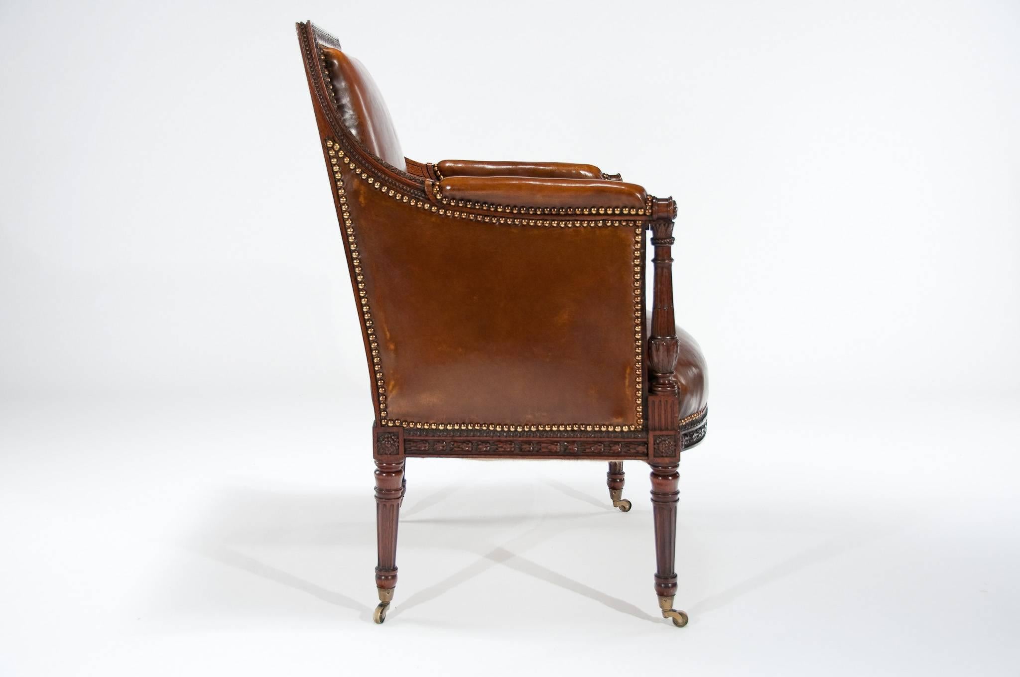 Fine Quality Antique Carved Mahogany Leather Armchair 3