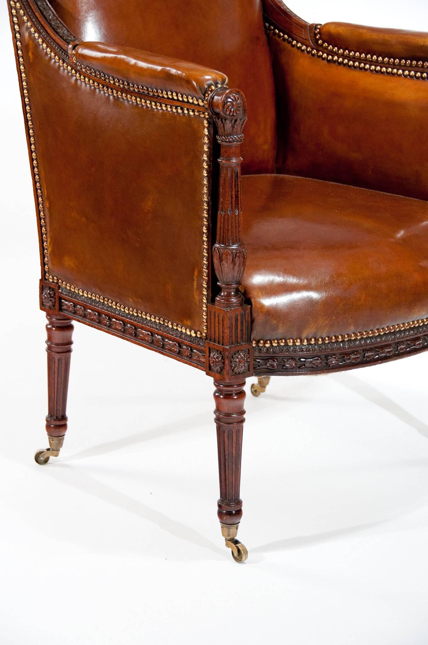 Adam Style Fine Quality Antique Carved Mahogany Leather Armchair