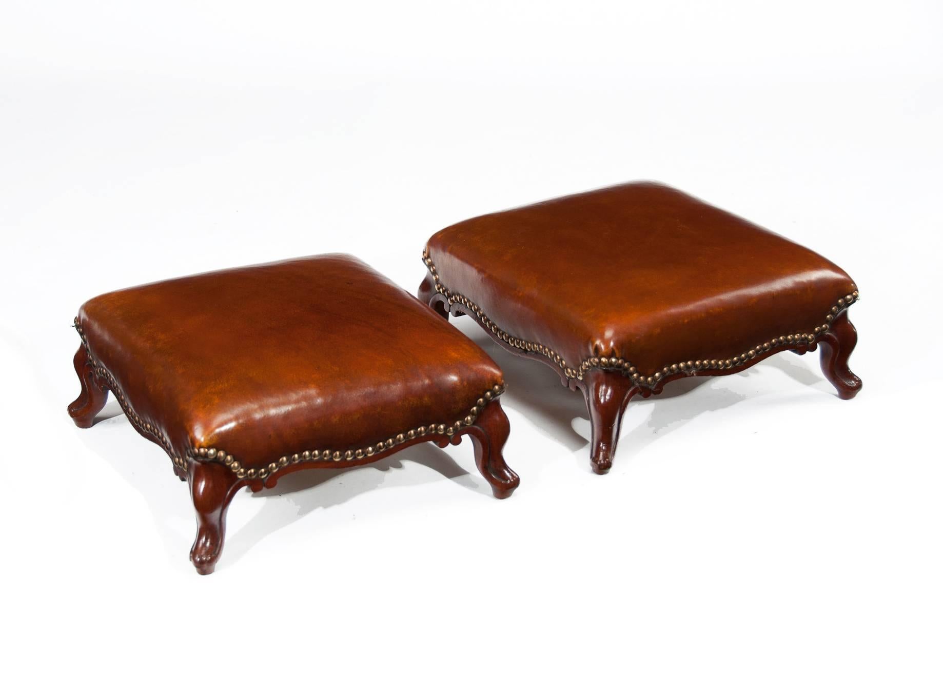 English Good Pair of Leather Upholstered Victorian Mahogany Footstools