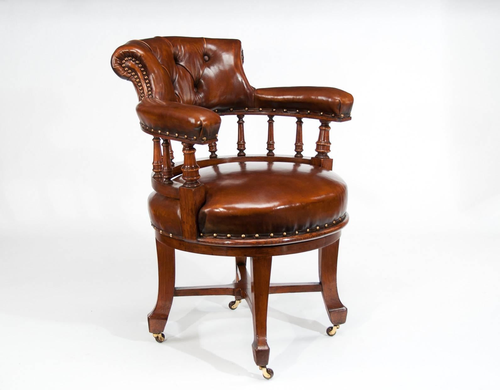 English Quality Victorian Oak Leathered Revolving Desk Chair by S & H Jewell