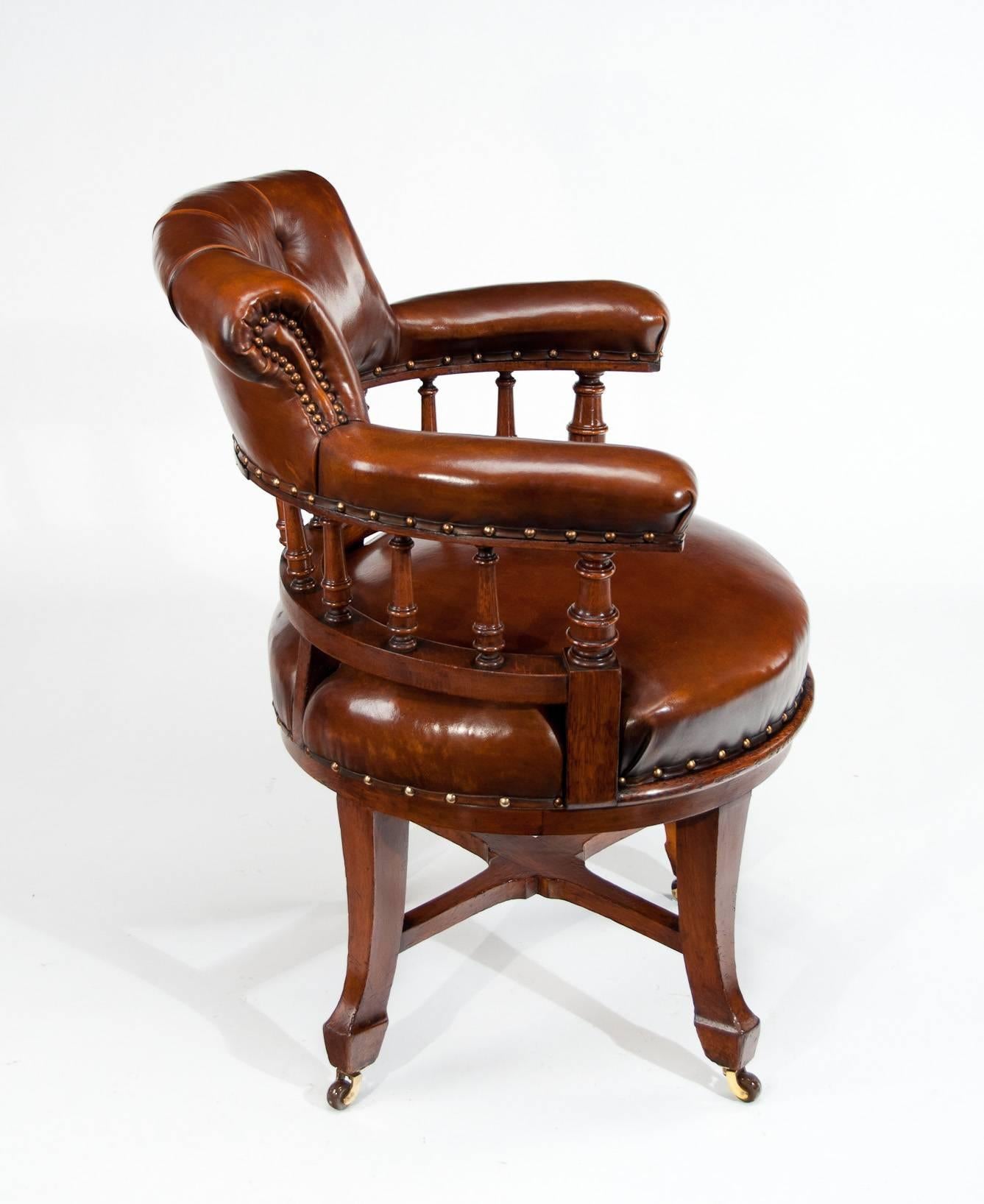 Quality Victorian Oak Leathered Revolving Desk Chair by S & H Jewell 1