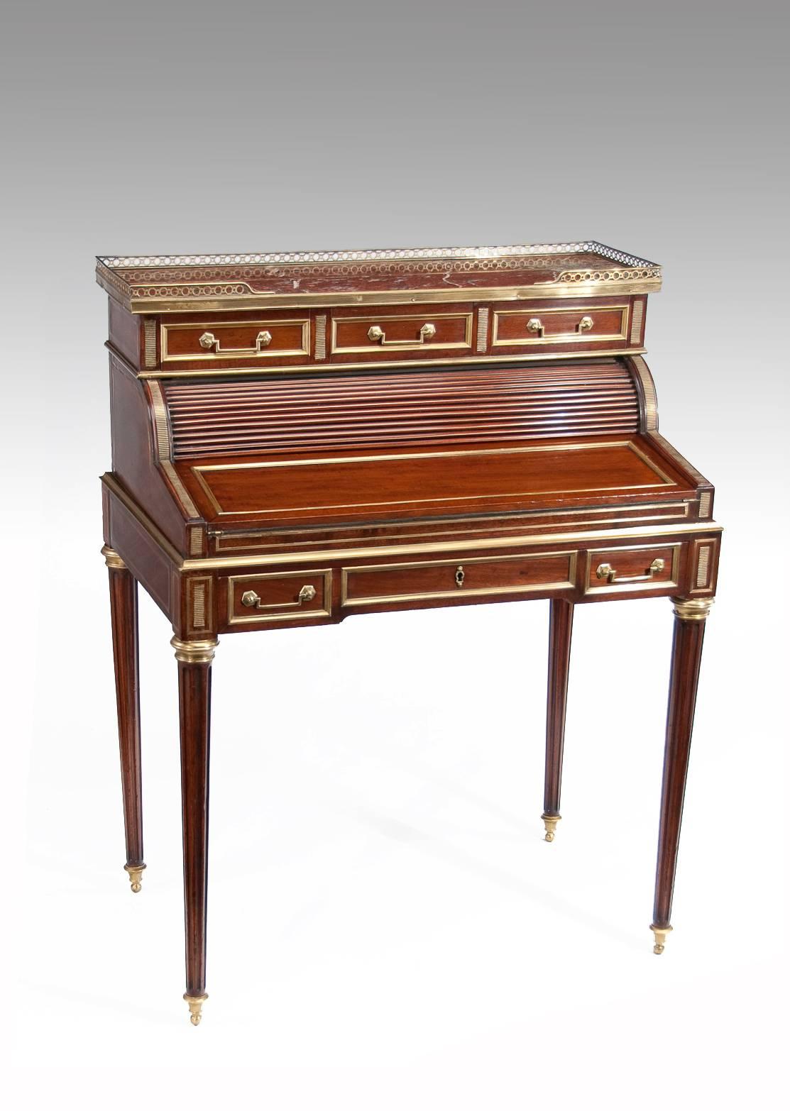 French Fine Louis XVI Style Mahogany and Brass Tambour Ladies Writing Desk