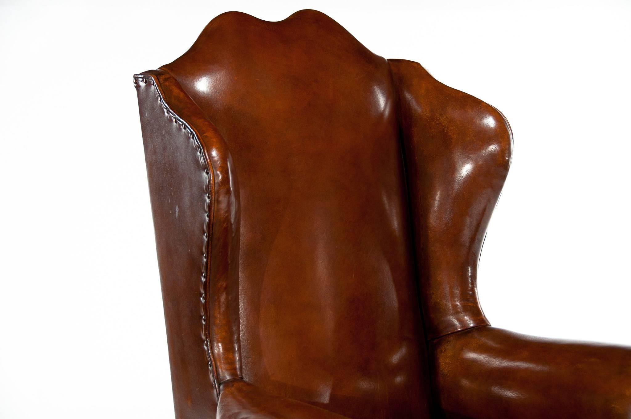 English Quality Walnut Leather Upholstered Wing Chair