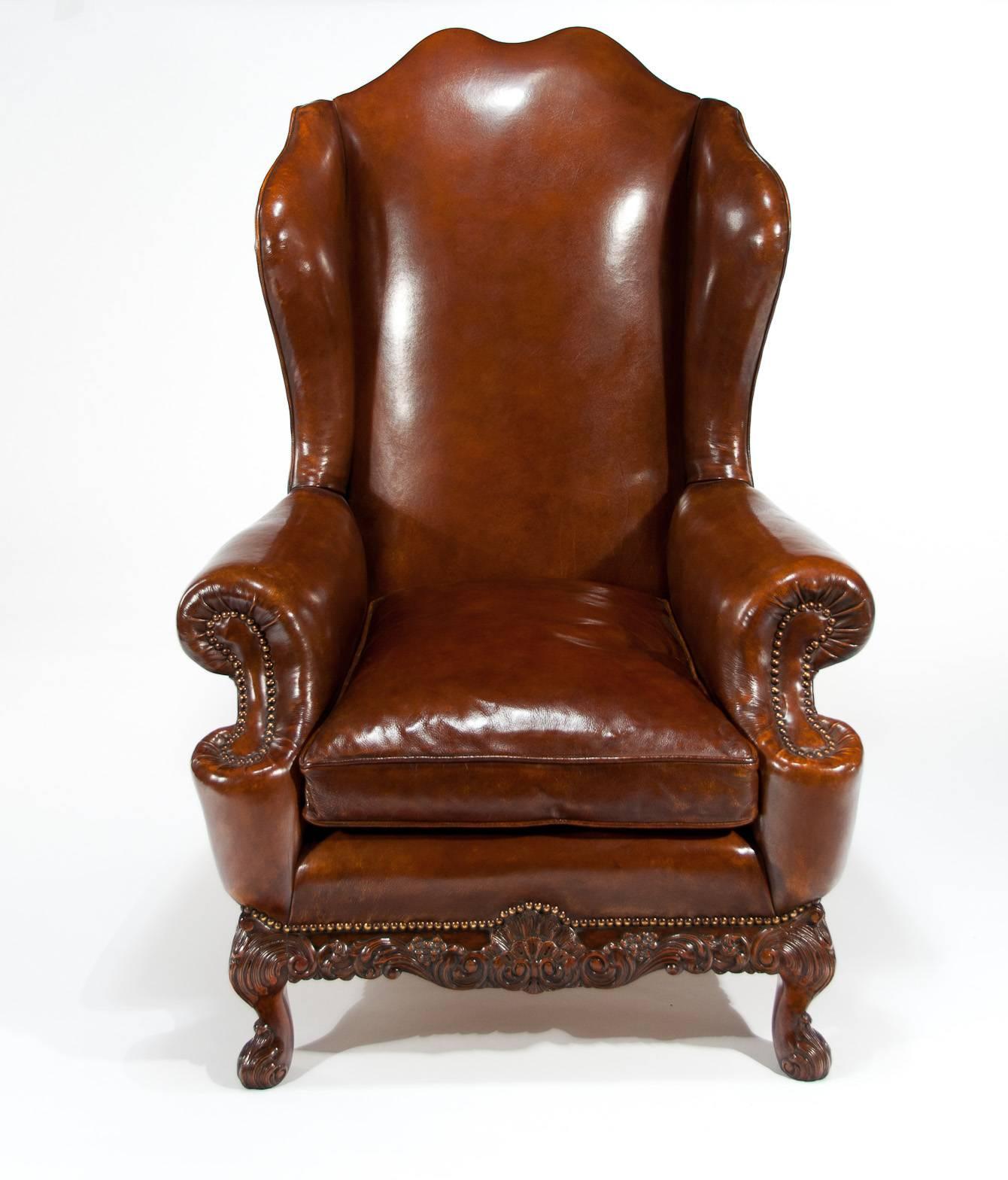 Early 20th Century Quality Walnut Leather Upholstered Wing Chair