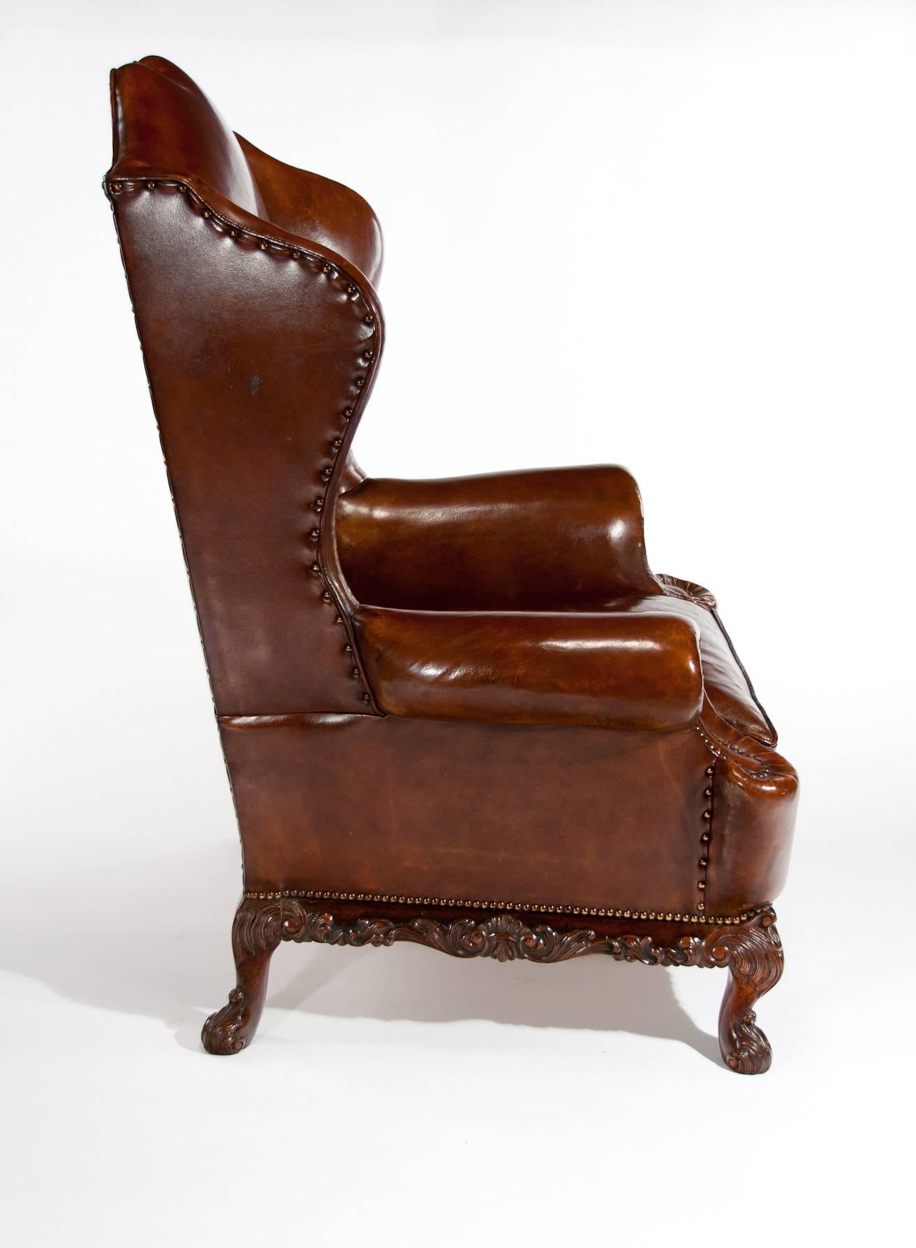 Quality Walnut Leather Upholstered Wing Chair 3