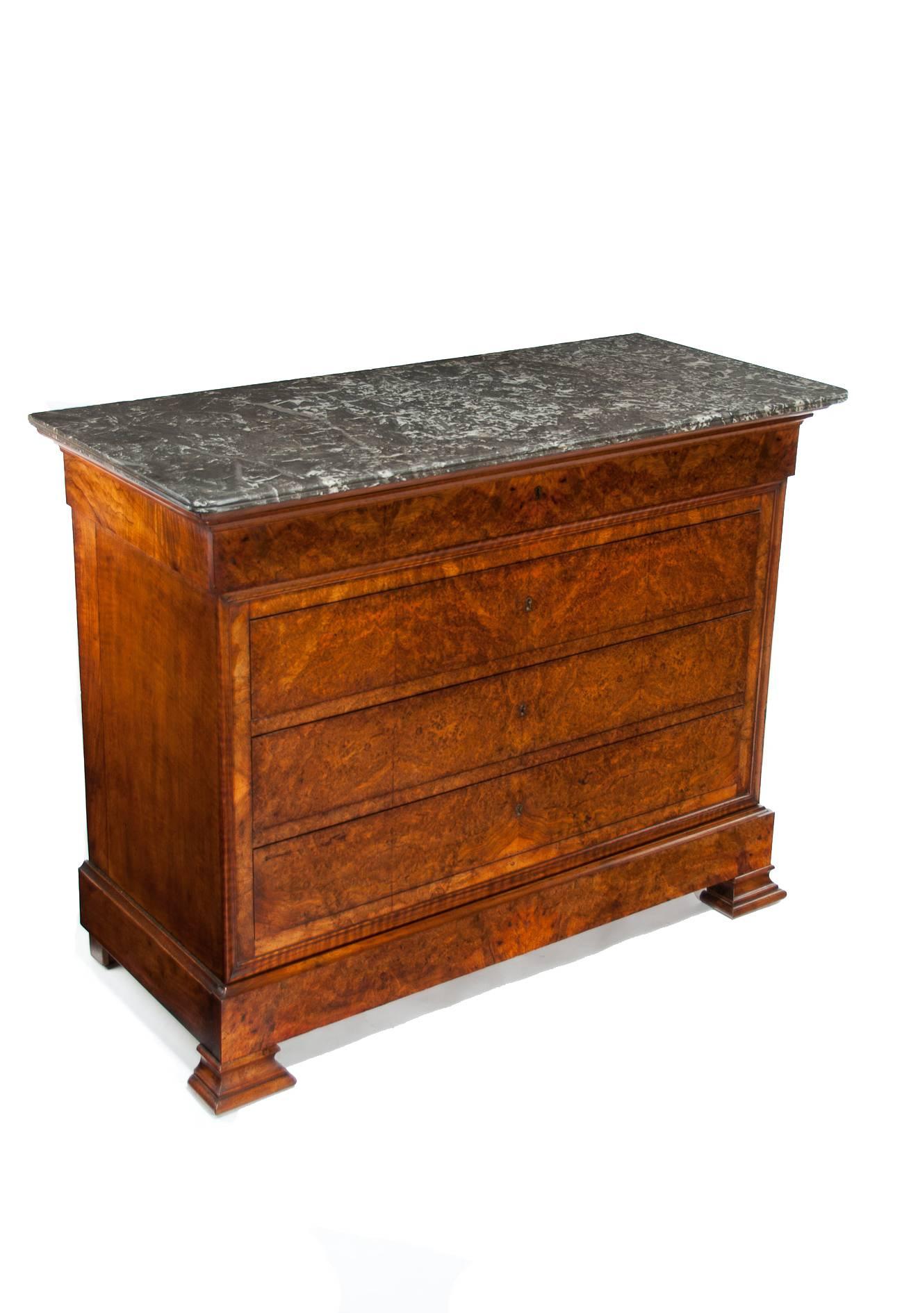 French Extremely Fine Burr Walnut Louis Philippe Marble Top Commode/Chest 