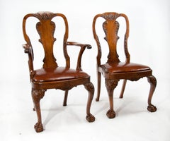 Set of 12 Antique Walnut Leather Upholstered Dining Chairs