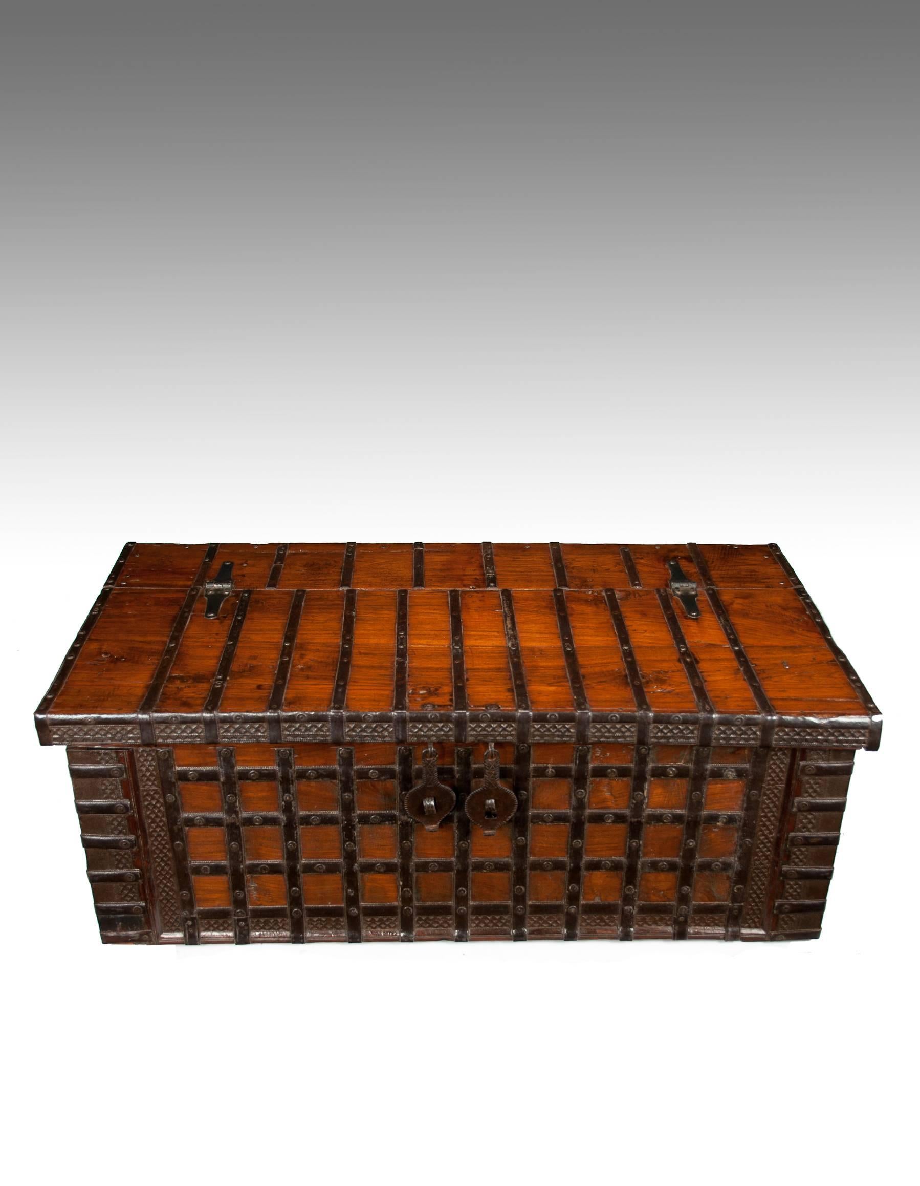 Asian Early 19th Century Elm Anglo-Indian Iron Strapped Chest Trunk