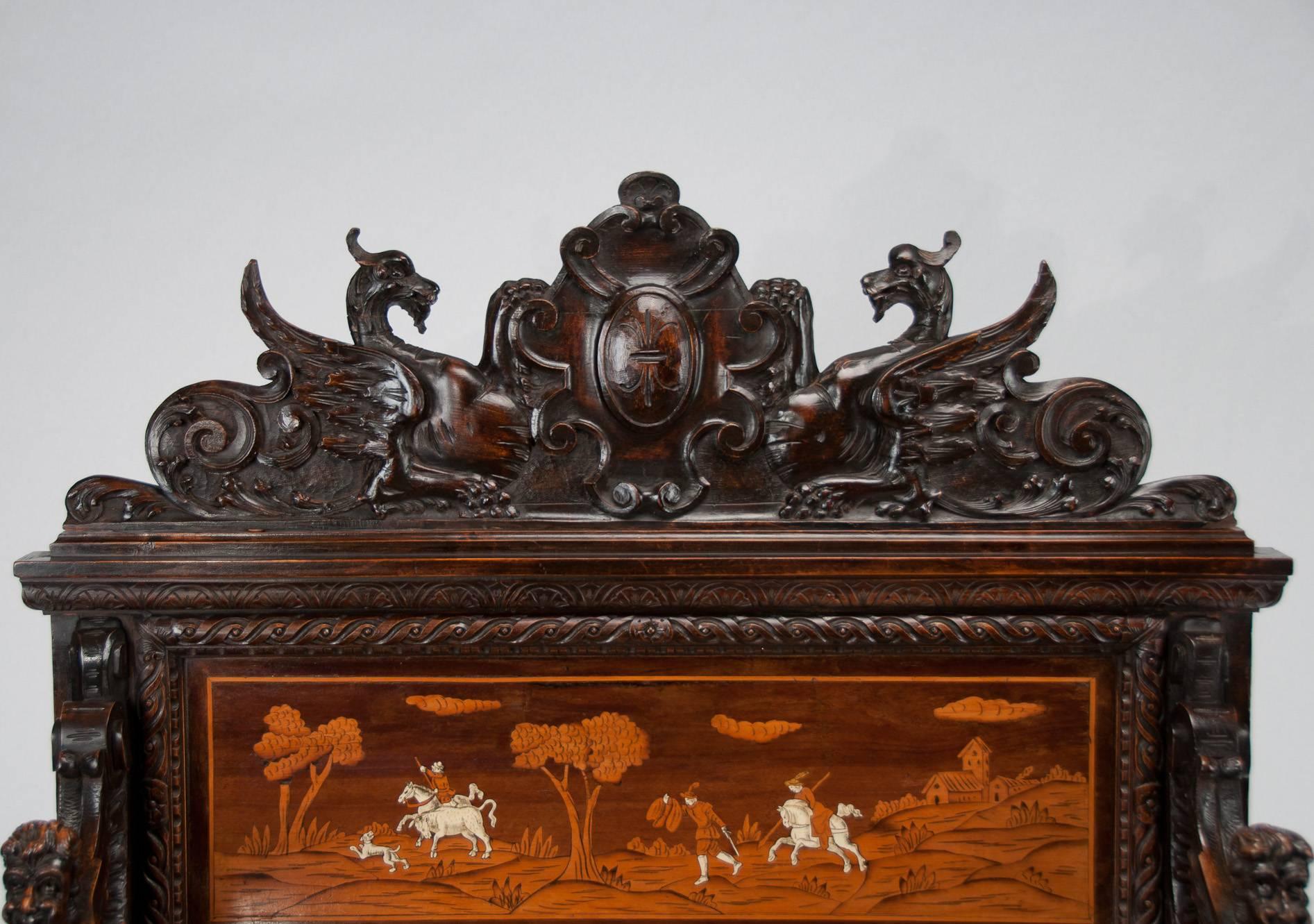 Fine 19th Century Northern Italian Marquetry Cassapanca or Hall Bench 1