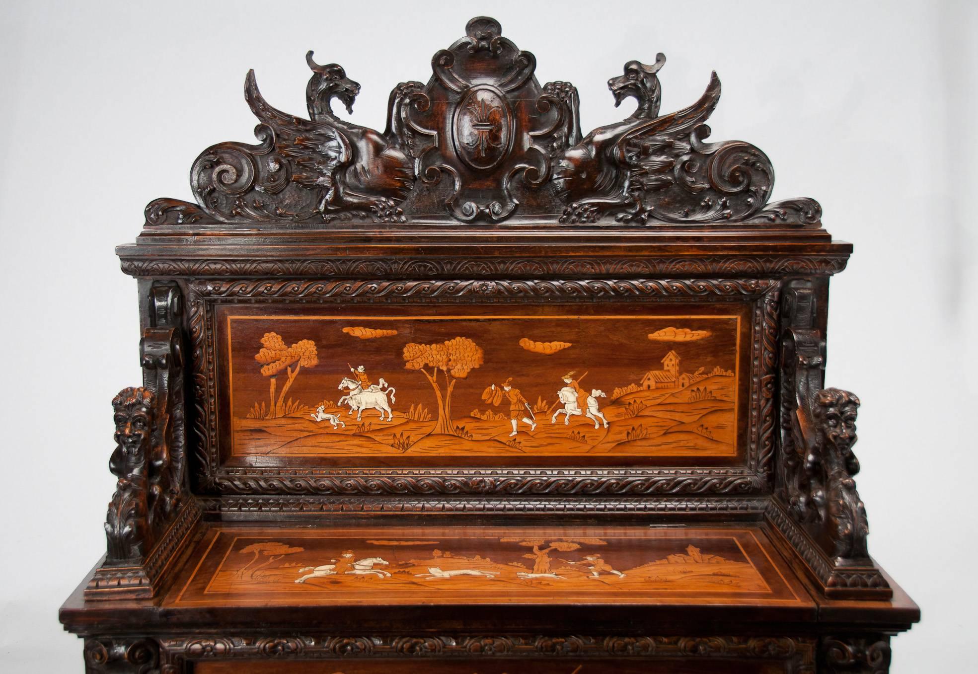 Fine 19th Century Northern Italian Marquetry Cassapanca or Hall Bench 2