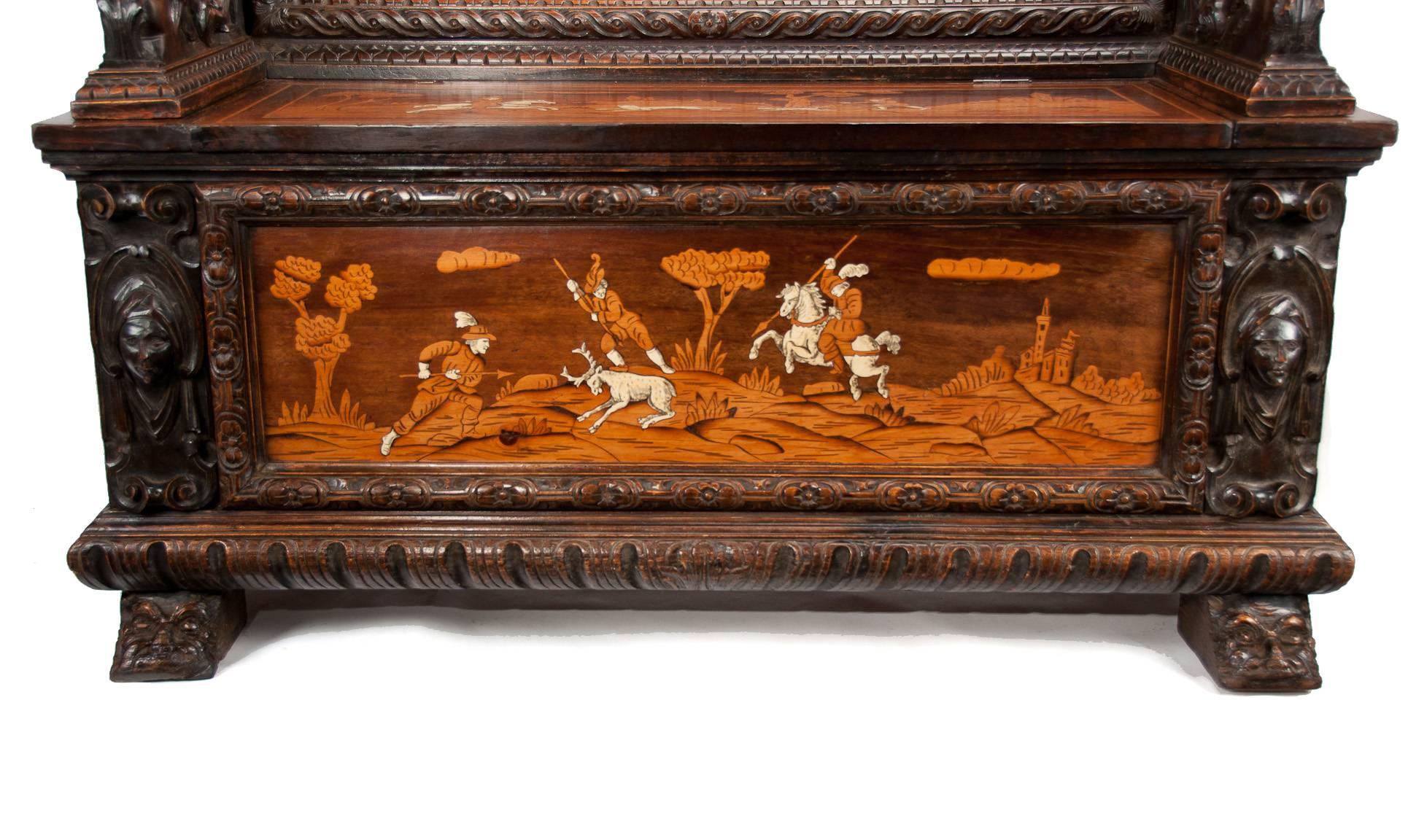 Fine 19th Century Northern Italian Marquetry Cassapanca or Hall Bench 4