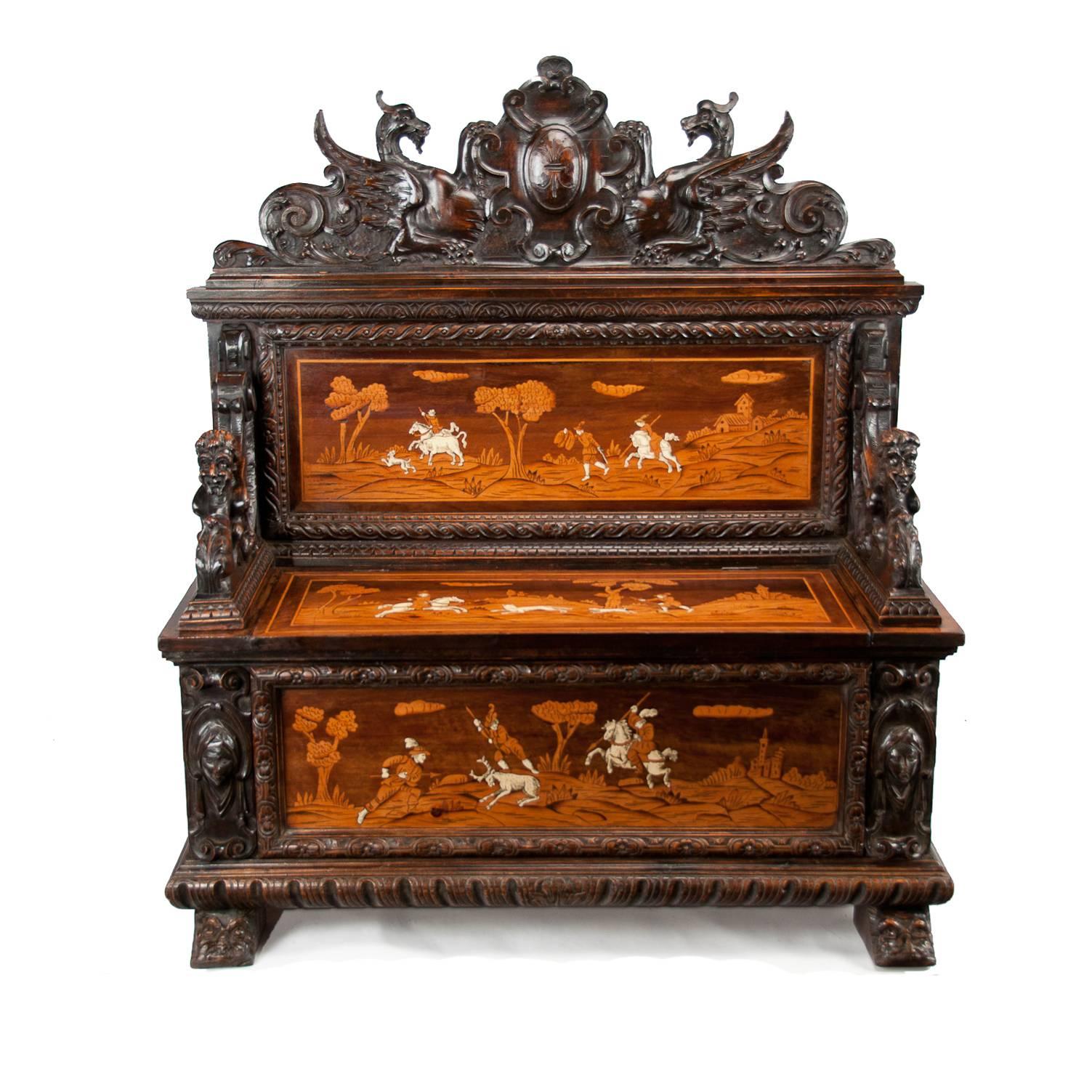 Renaissance Fine 19th Century Northern Italian Marquetry Cassapanca or Hall Bench