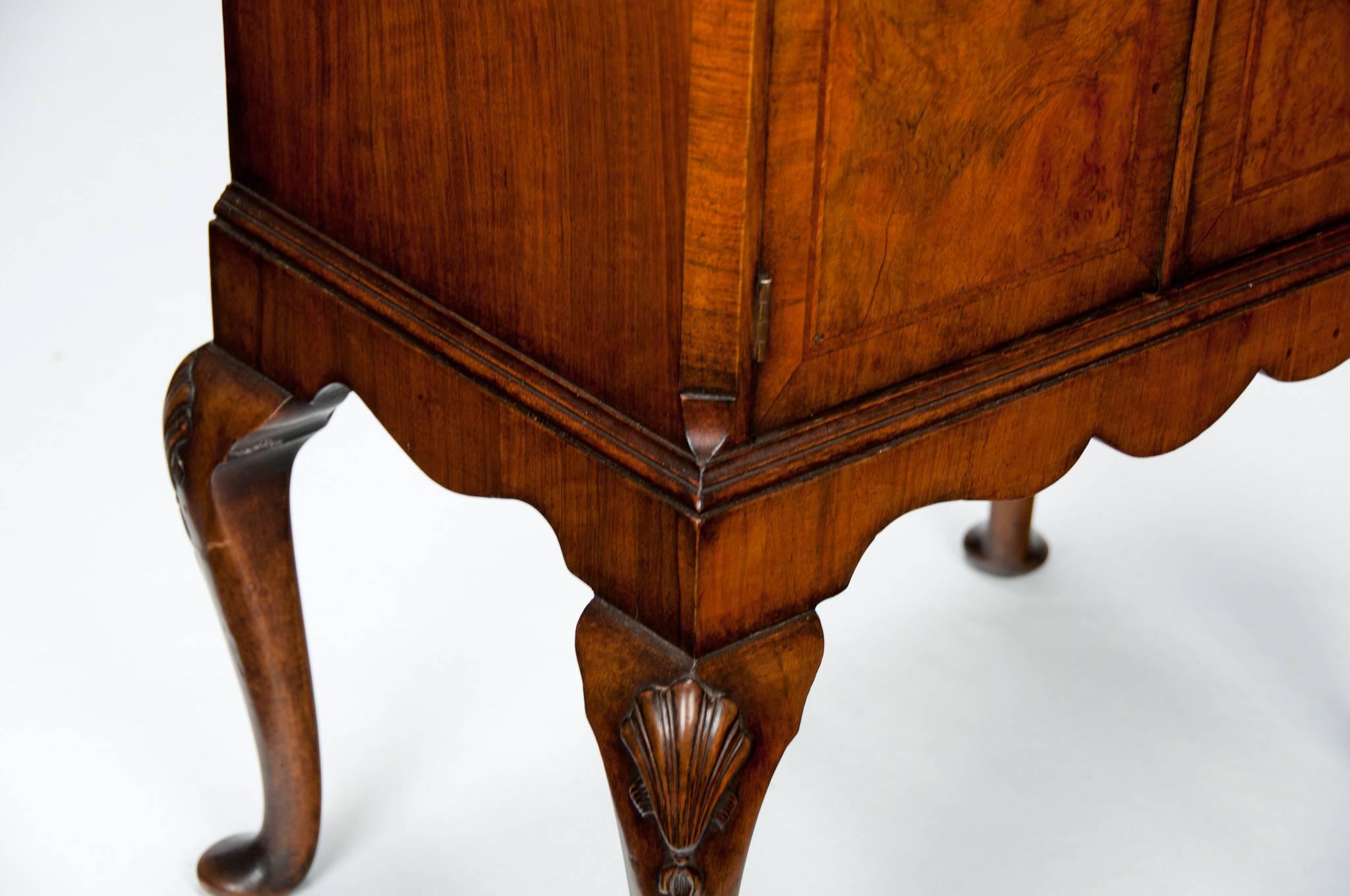English Antique Figured Walnut Side Cabinet On Cabriole Legs 