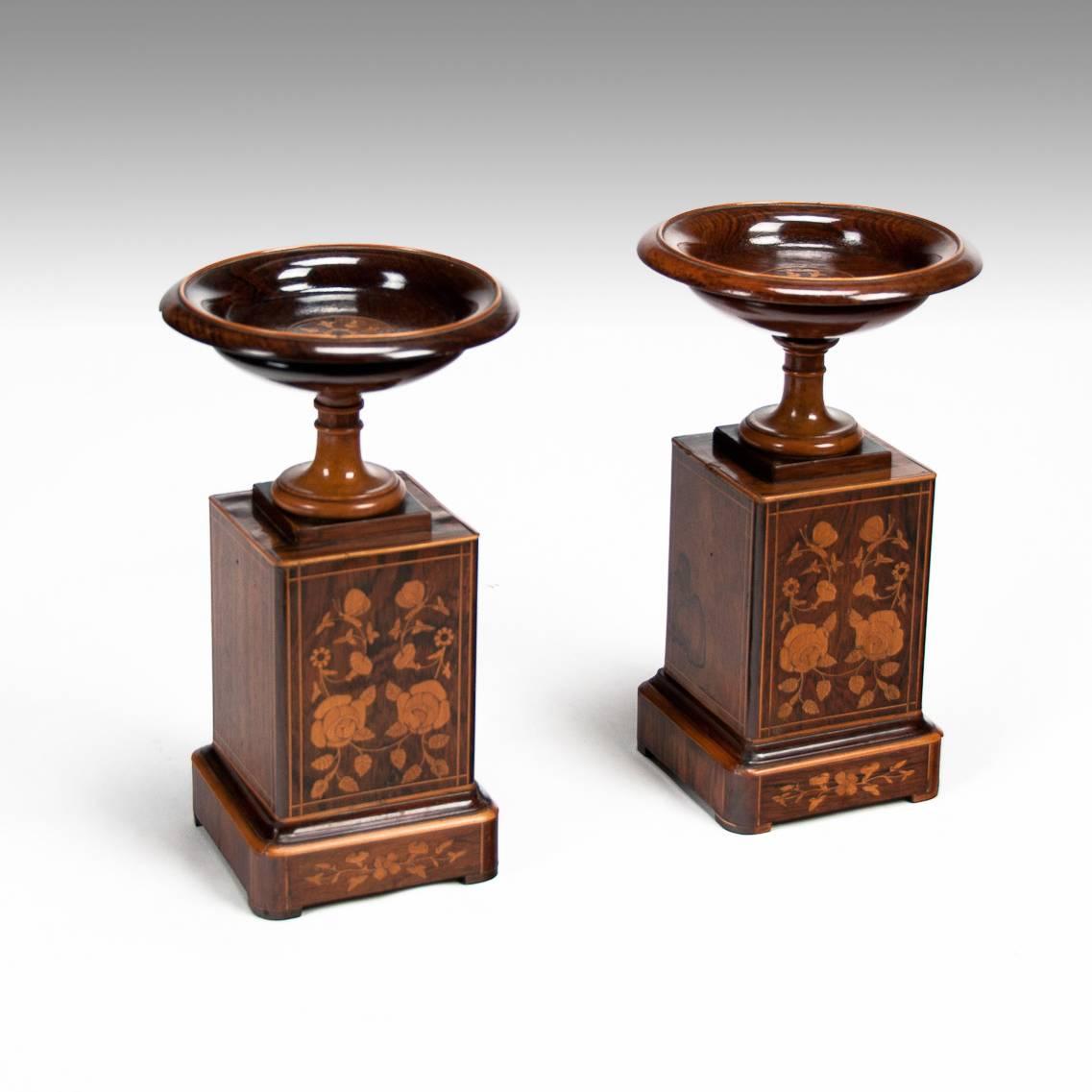 Victorian Fine Pair of 19th Century Rosewood Tazzas on Marquetry Pedestals 
