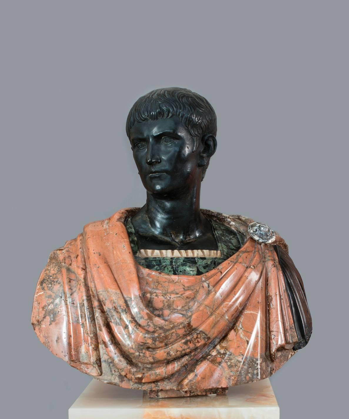 Unique Sculpture ( Bust of Augustus, Roman Emperor ) Marble Breccia Antique and Marble Black.