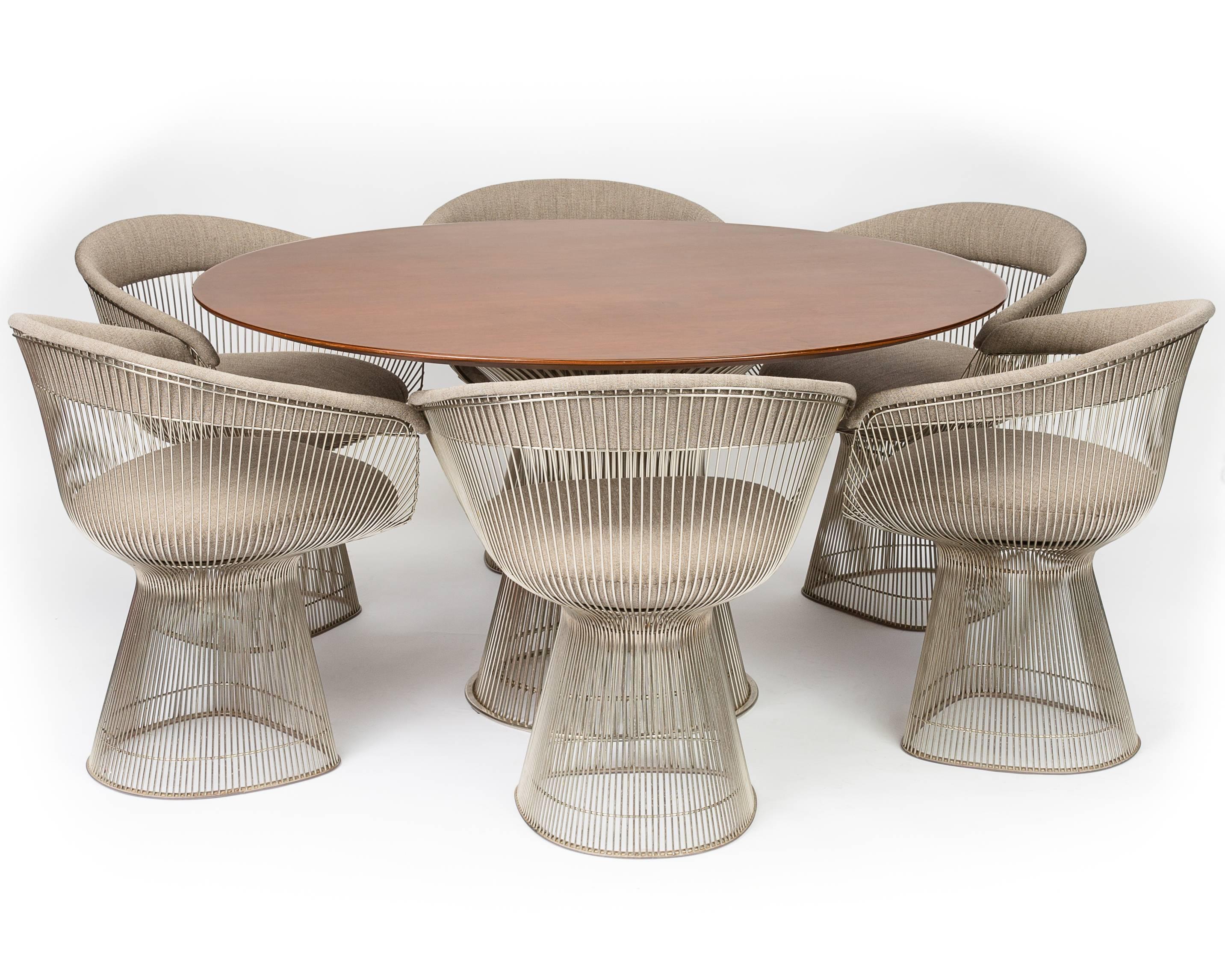 Platner dining set; USA, 1980s; manufactured by Knoll; nickel-plated steel, walnut and upholstery. Set includes 54