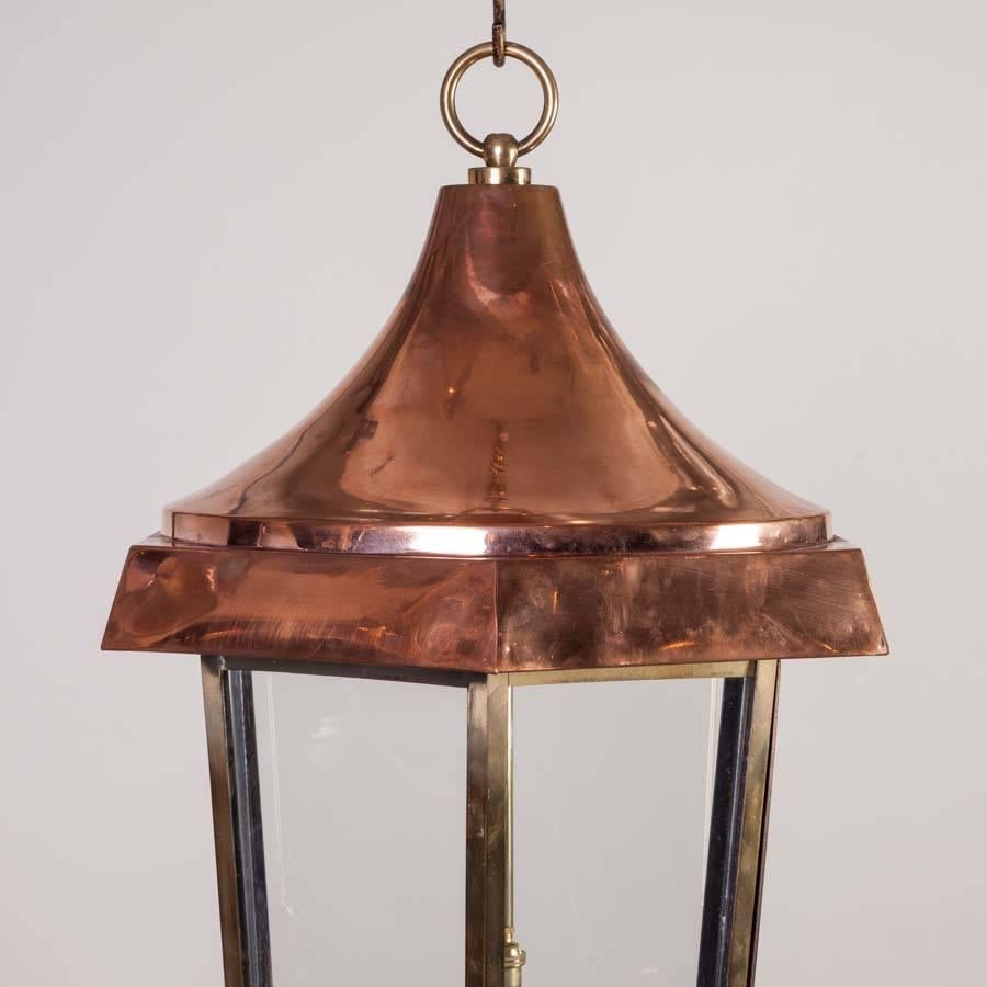 English Copper and Brass Hexagonal Hall Lantern For Sale